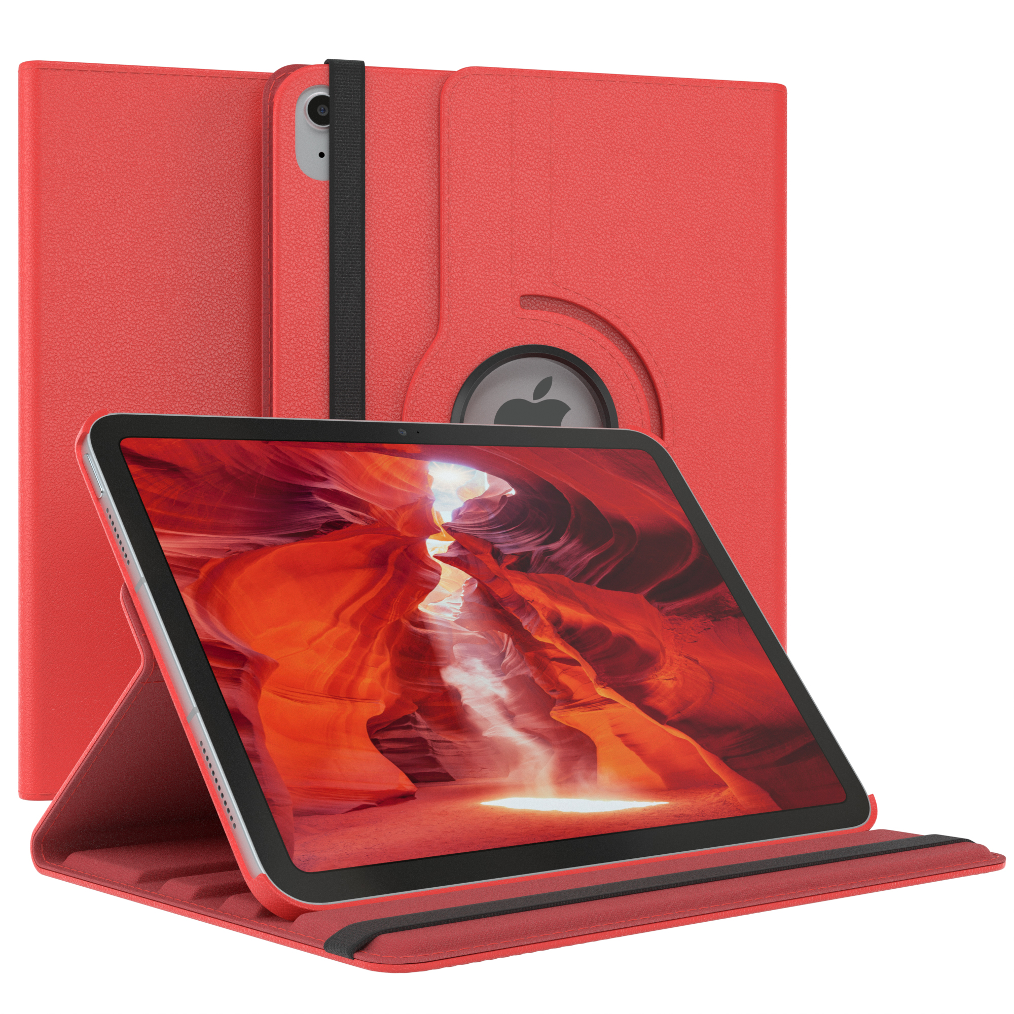 Ein rotes Tablet in einem Case. Das Tablet ist aufgestellt und zeigt ein rotes Canyon-Bild. Schwarzer Riemen.