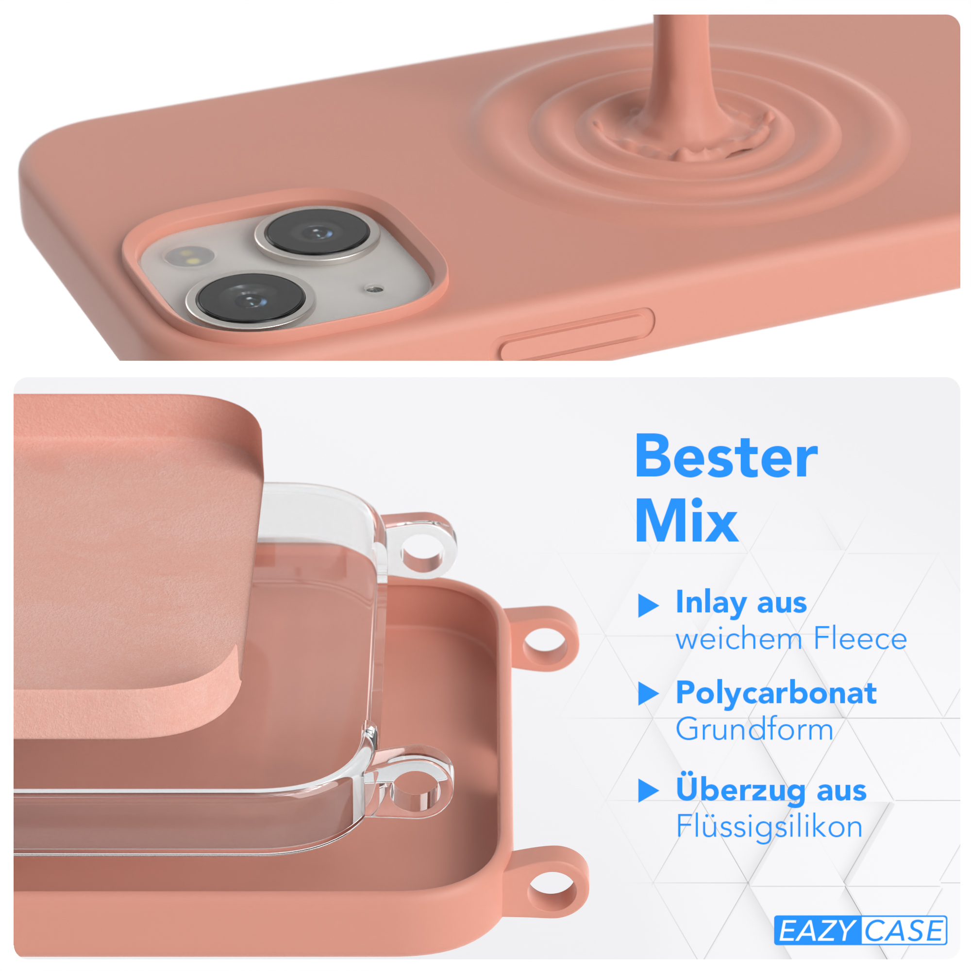 Rosa Handyhülle mit Flüssigkeitseffekt, Details zum Materialmix der Hülle.