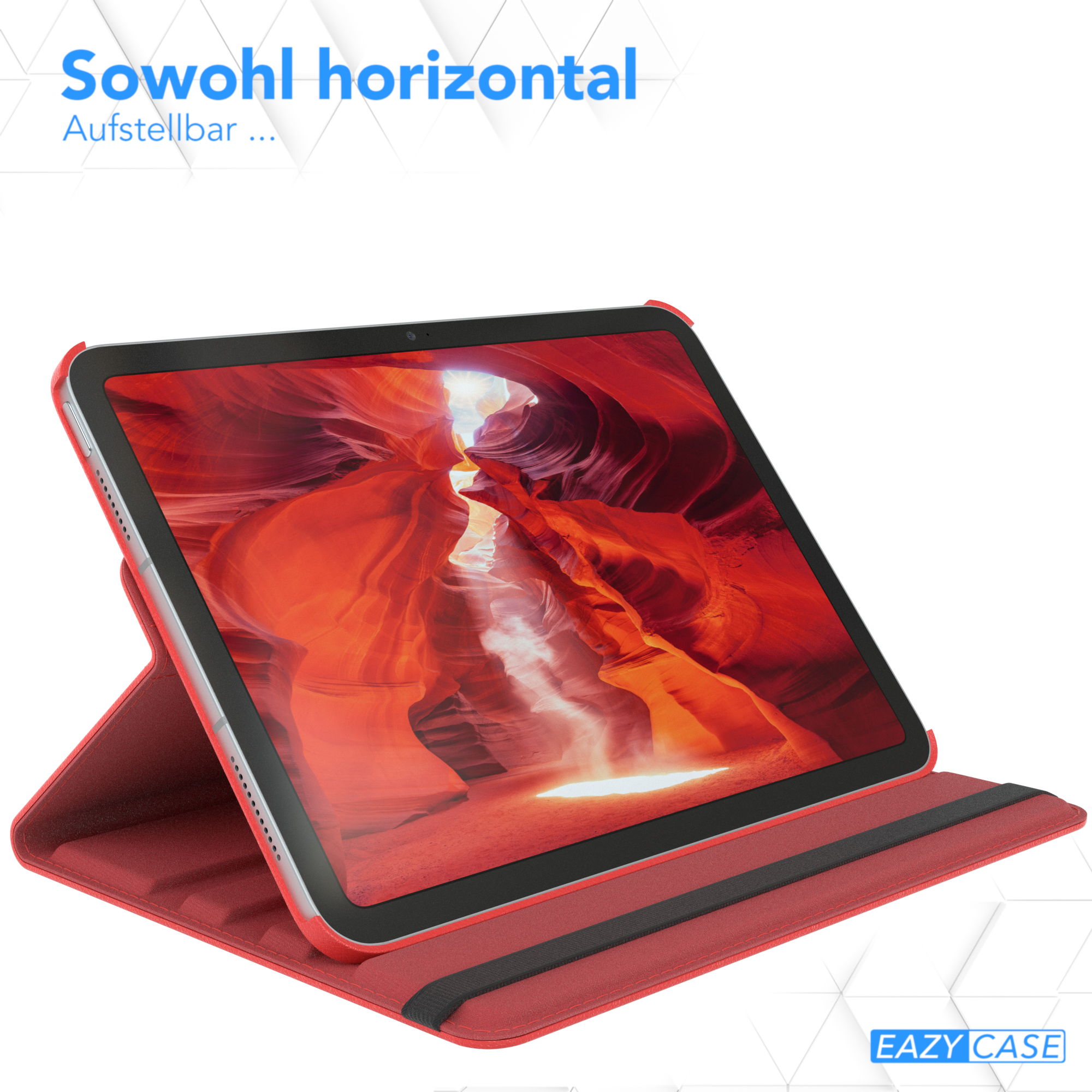 Tablet in rotem Case, offen, auf Ständer. Rotes Case und schwarzes Tablet. Roter Hintergrund.