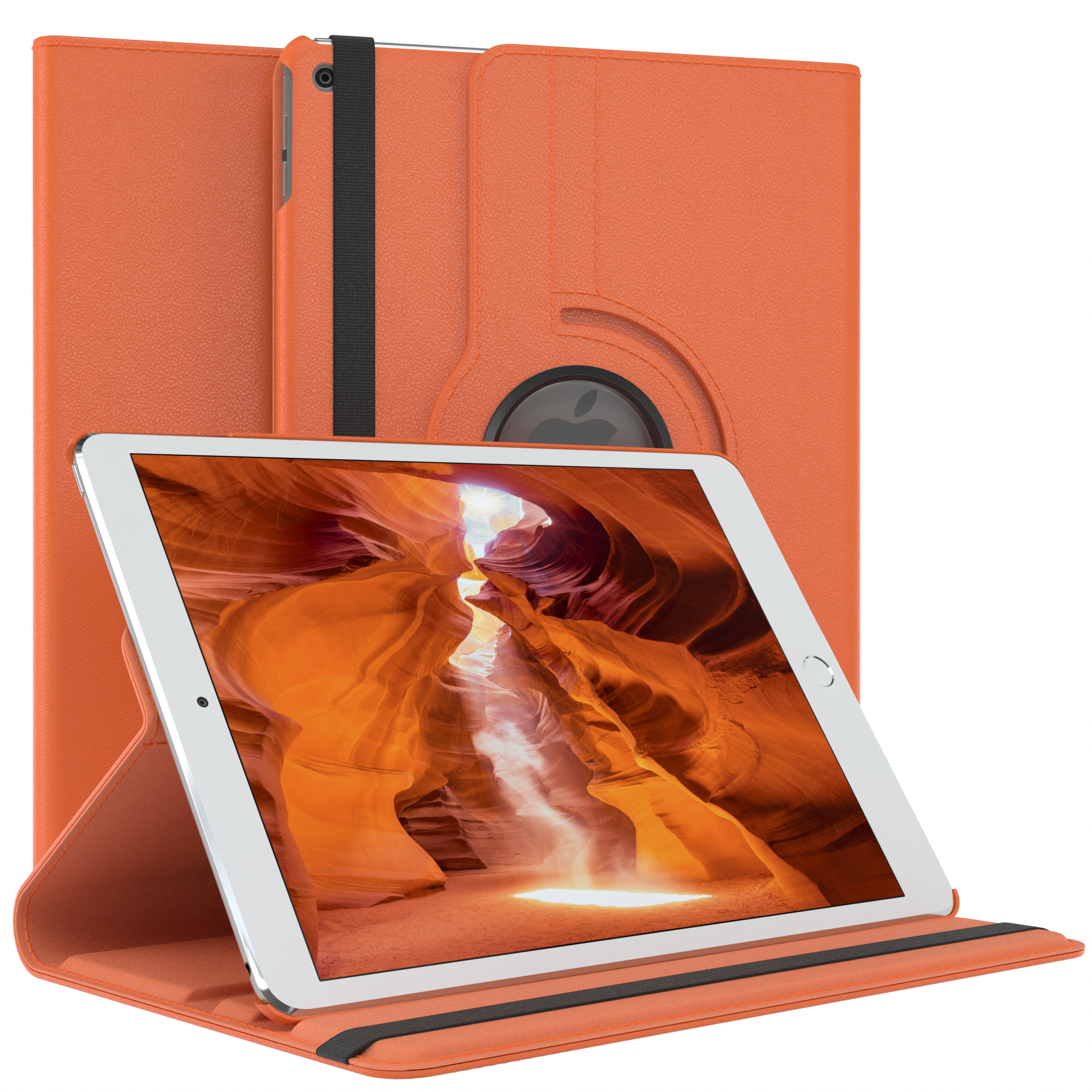 Ein orangefarbenes Tablet in einer orangefarbenen Hülle. Das Tablet zeigt einen Canyon.