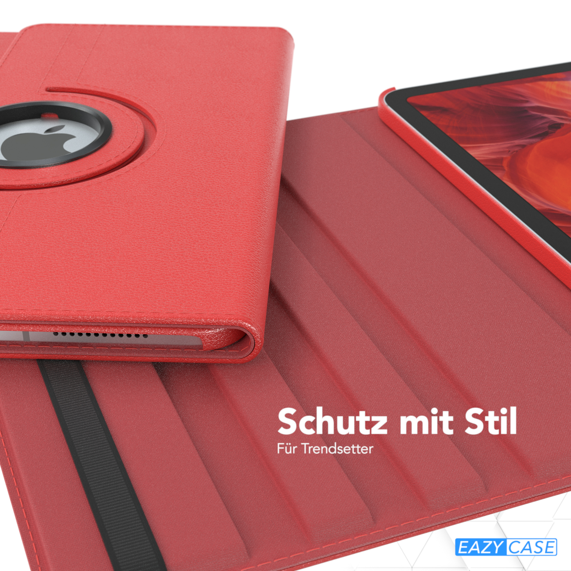 Rote Tablet-Hülle mit schwarzem Apple-Logo und Tablet. Der Text „Schutz mit Stil“ ist sichtbar.