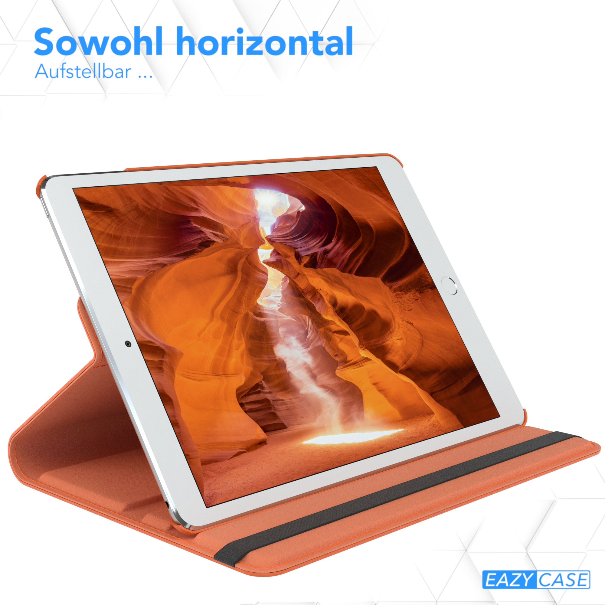 Tablet in orangefarbenem Case; zeigt eine Canyon-Landschaft.