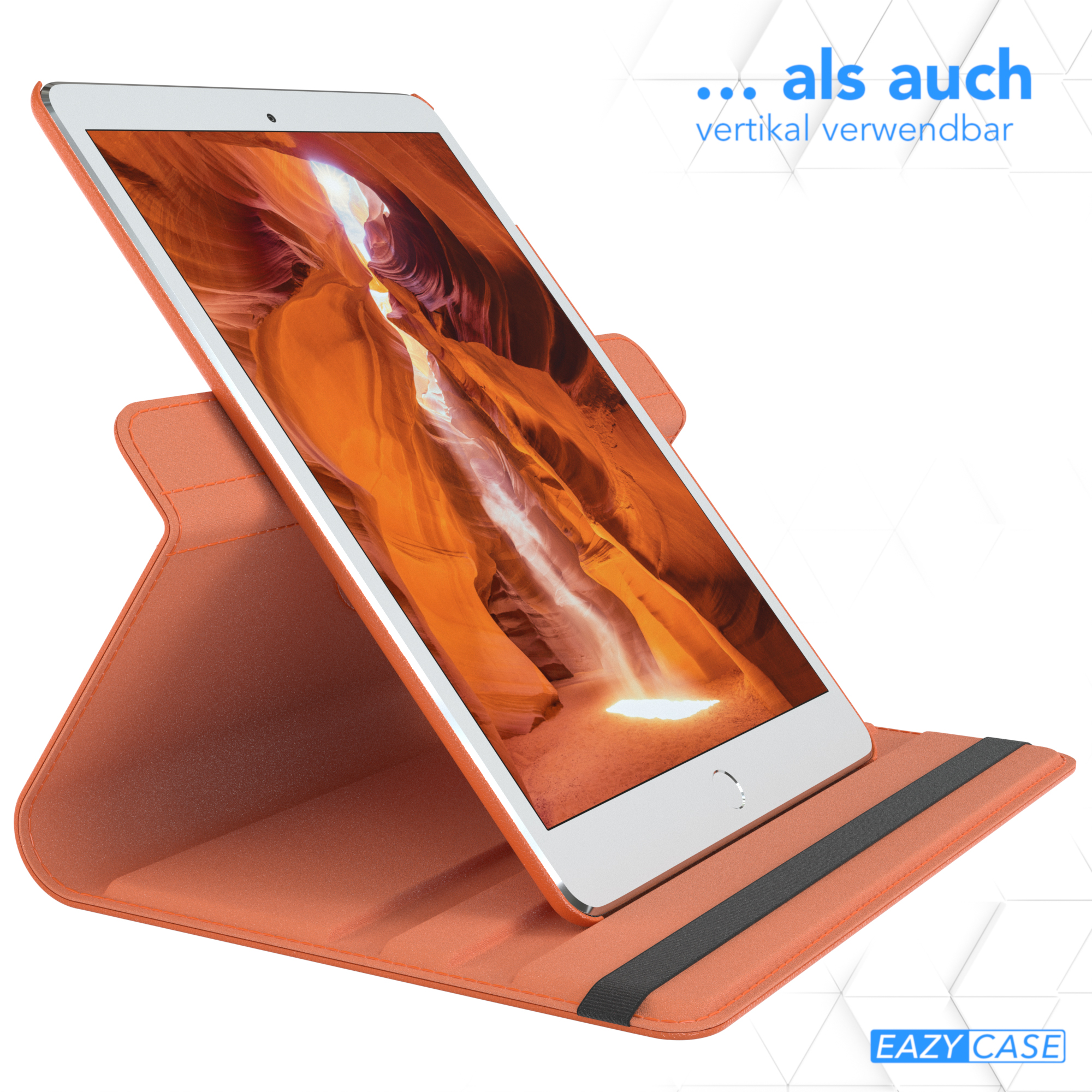Orangefarbene Tablet-Hülle, mit Tablet darin, aufrecht stehend.