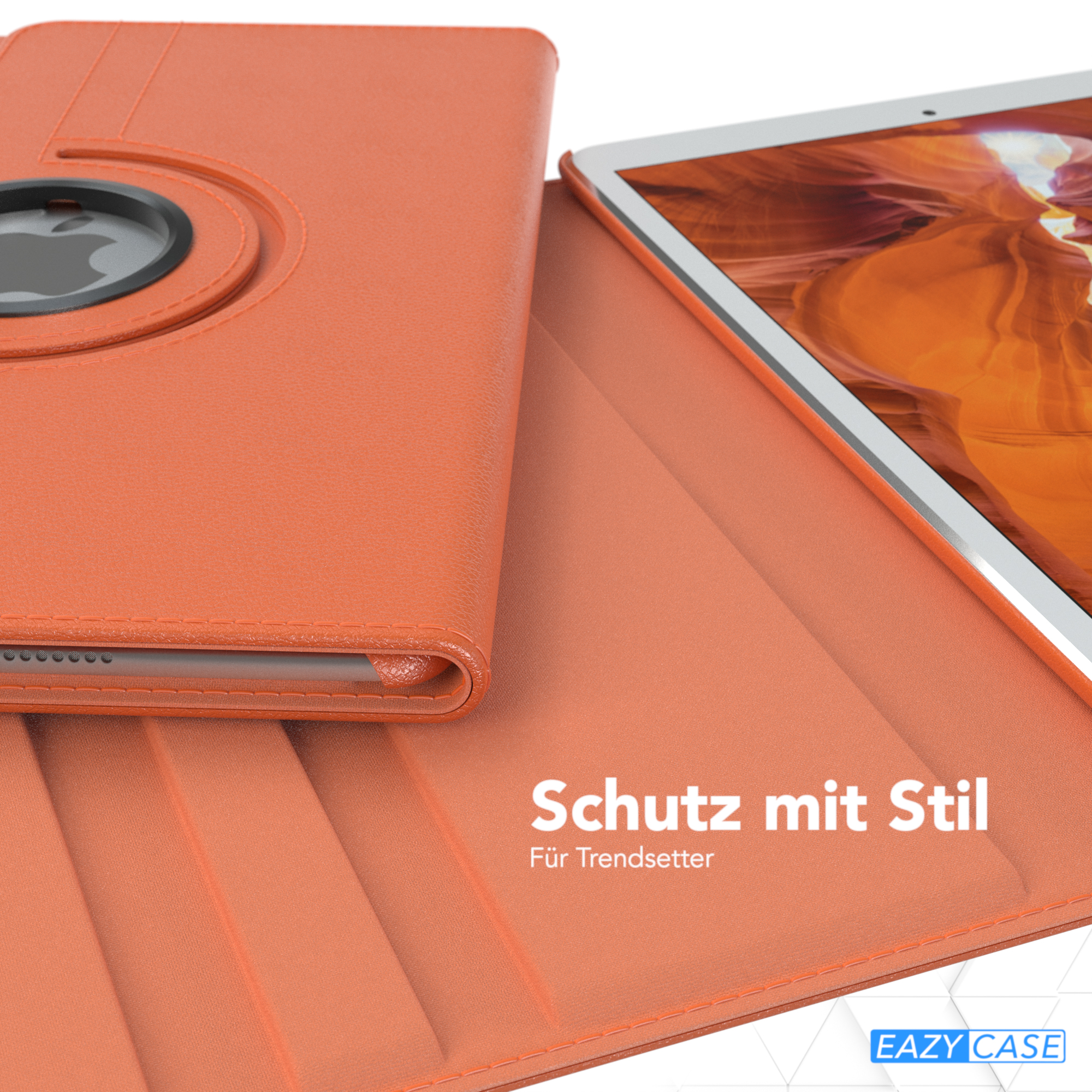 Eine orangefarbene Tablet-Hülle mit Tablet-Inhalt. Die Hülle ist geöffnet, die Innenseite sichtbar.