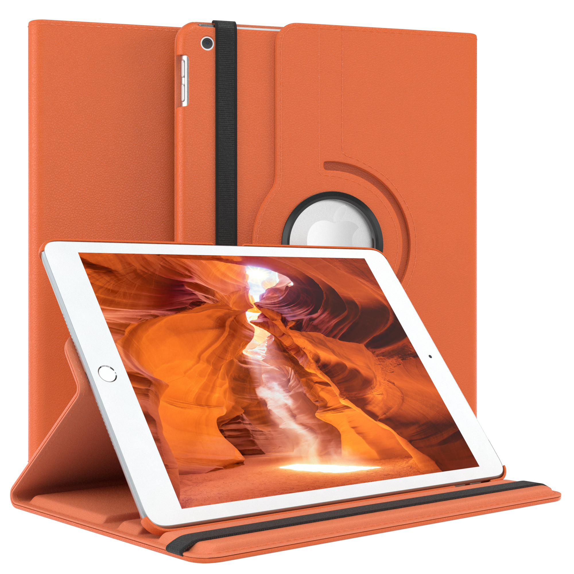 Orangefarbenes Tablet in einer Hülle. Das Tablet zeigt eine Schluchtszene. Die Hülle ist aufgeklappt.
