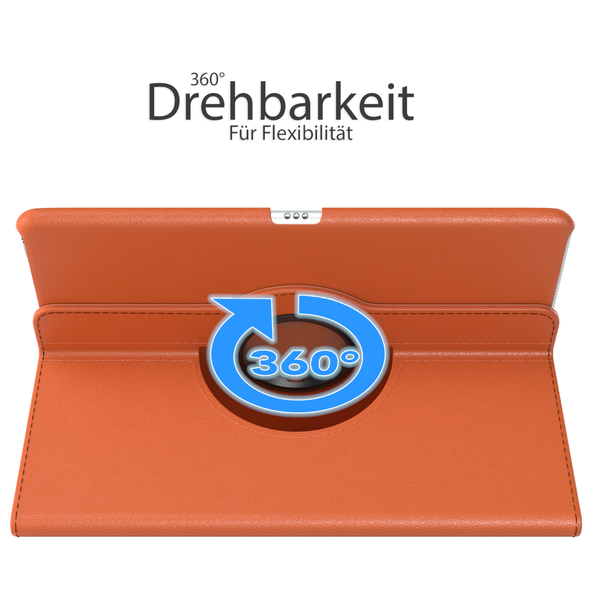 Orangene Tablet-Hülle mit Drehmechanismus. Der Text darüber lautet 360° Drehberkeit.