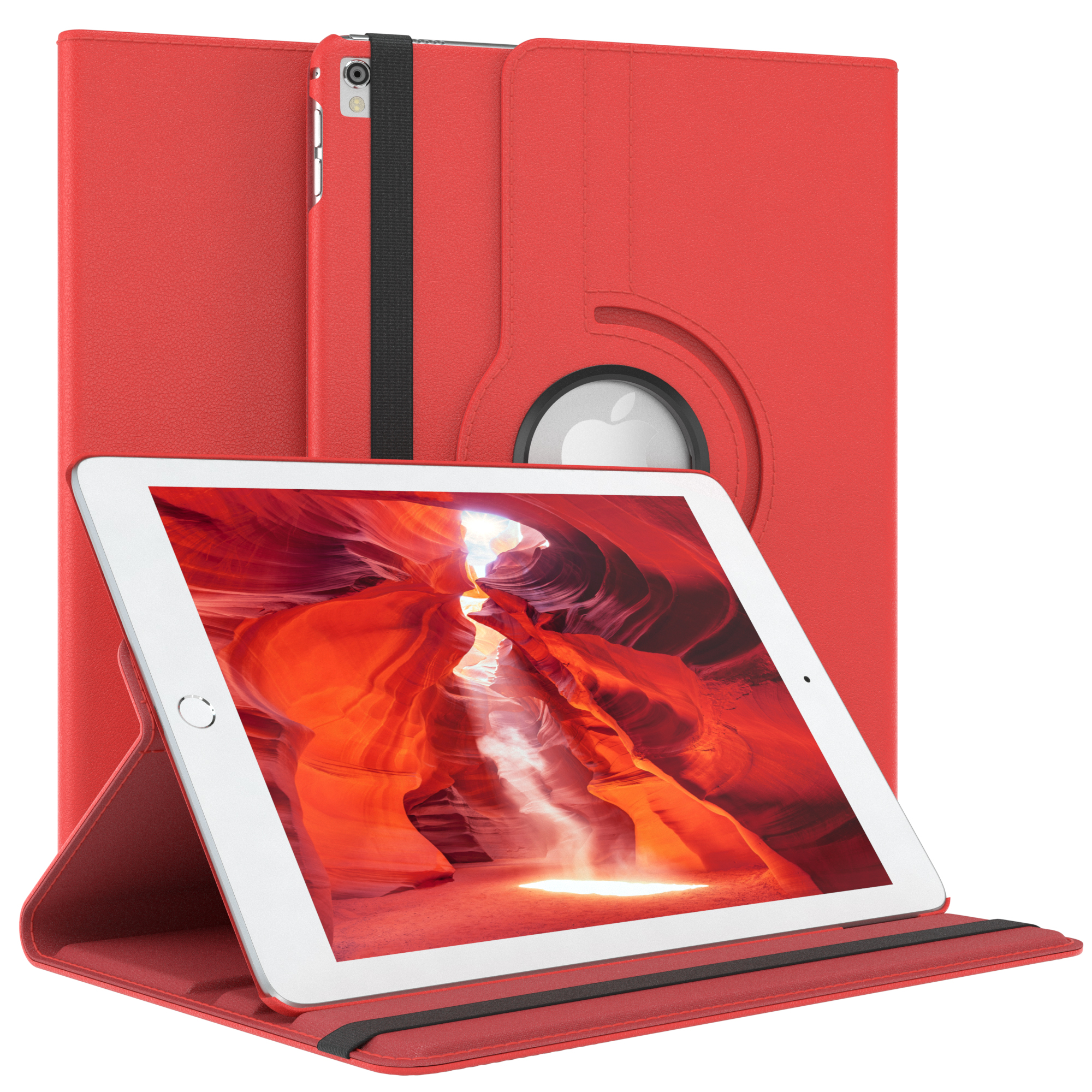 Rote Tablet-Hülle mit Tablet, das ein rotes Canyon-Bild zeigt. Apple-Logo sichtbar auf dem Tablet.