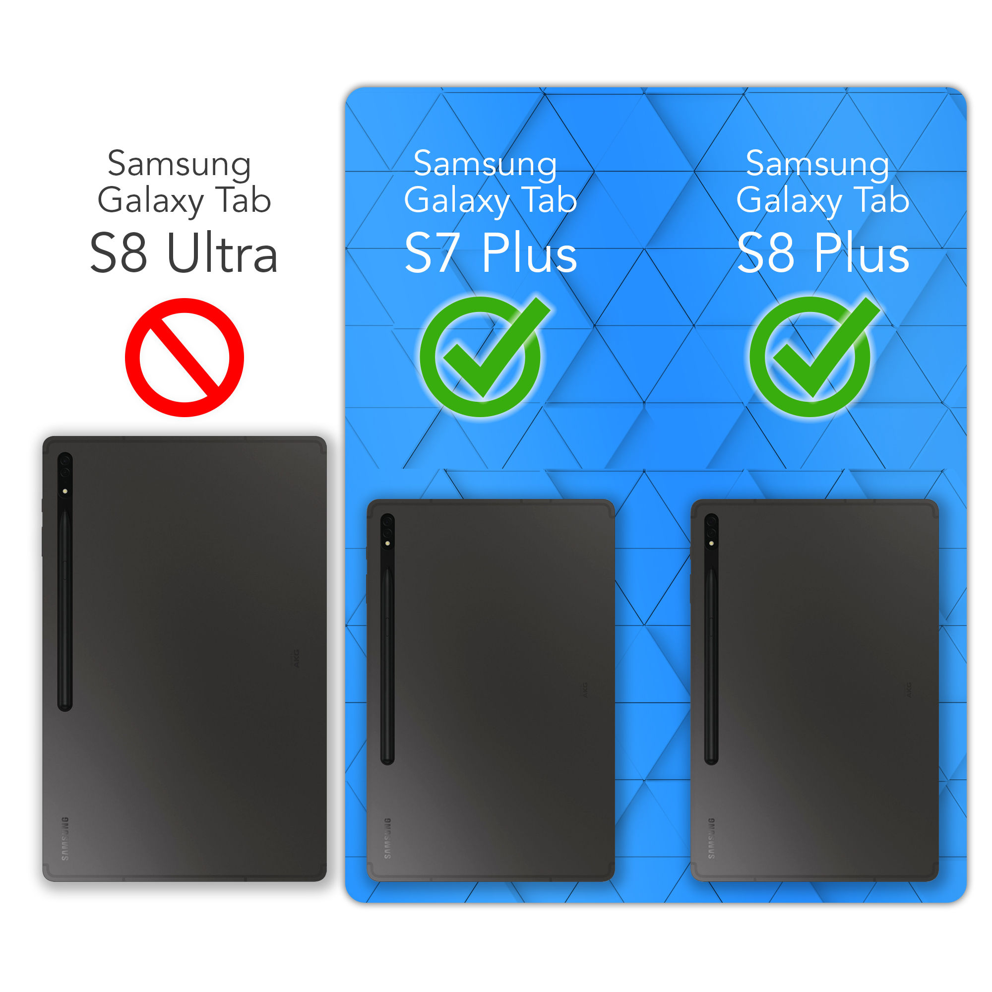 Tablets mit Hüllen, S8 Ultra durchgestrichen, S7 Plus und S8 Plus sind markiert.