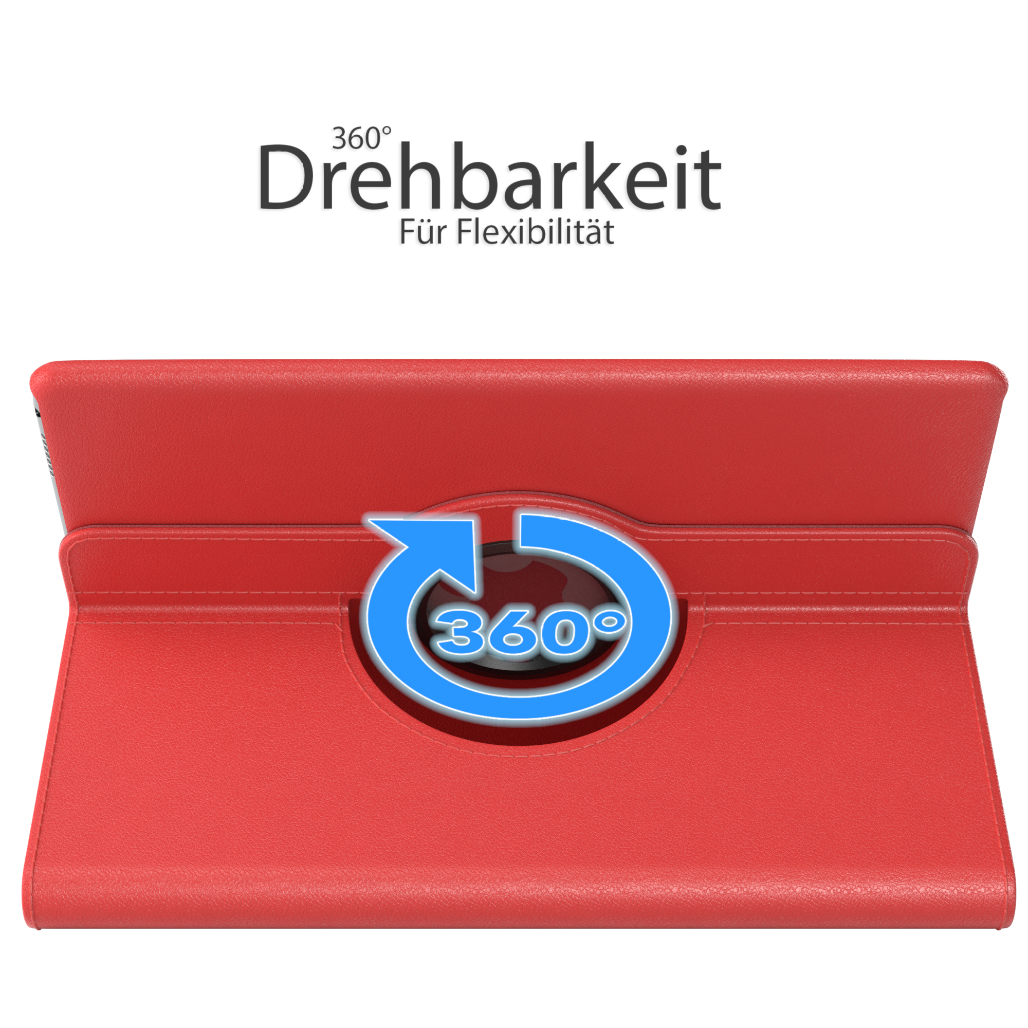Gezeigt wird eine rote Tablet-Hülle mit 360-Grad-Drehpfeil und dem Text '360° Flexibilität'.