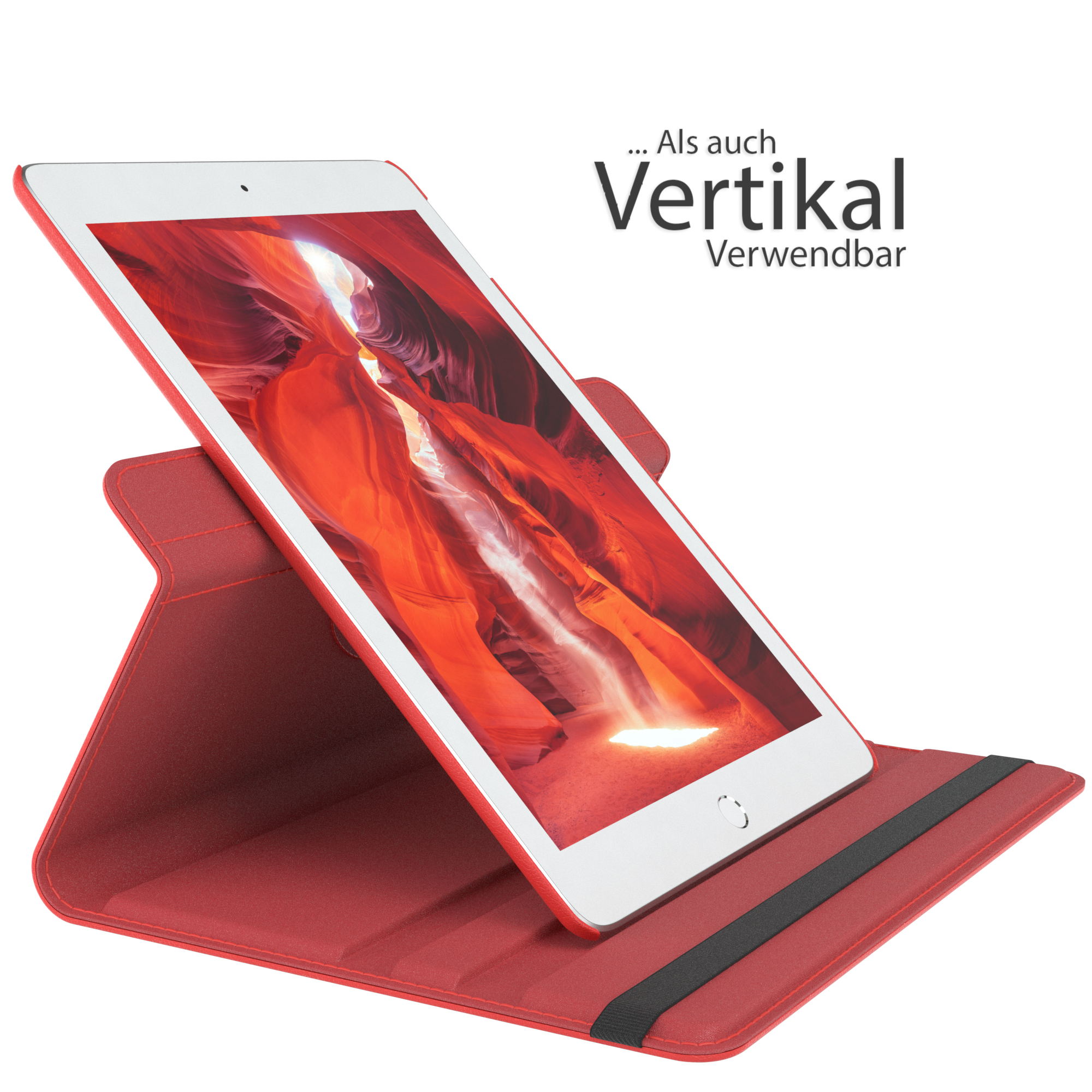 Rotes Tablet in roter Hülle, stehend, mit Hintergrund von roten Felsformationen.