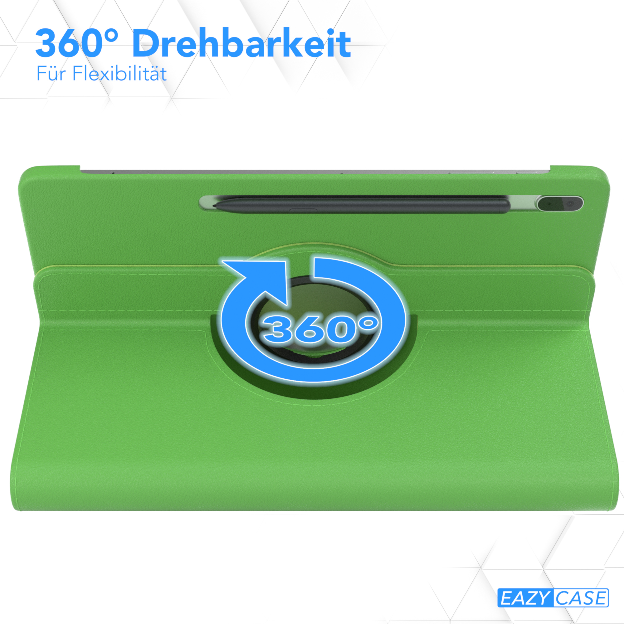 Grüne Tablethülle mit 360-Grad-Drehfunktion. Das Tablet ist geöffnet, und ein Stift ist sichtbar. Blaue Pfeilgrafik.