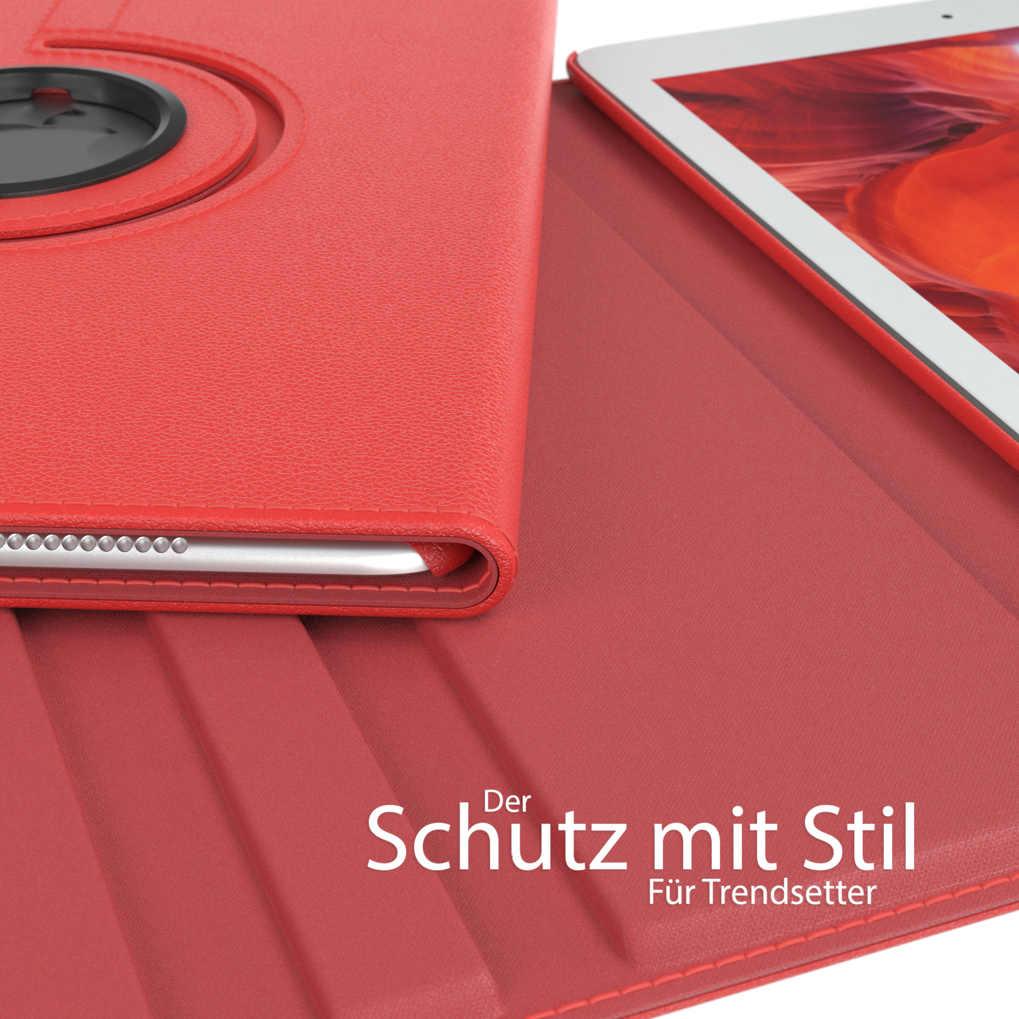 Rote Tablet-Hülle, geöffnet. Der Tablet-Bildschirm ist sichtbar. Produkttext unten.