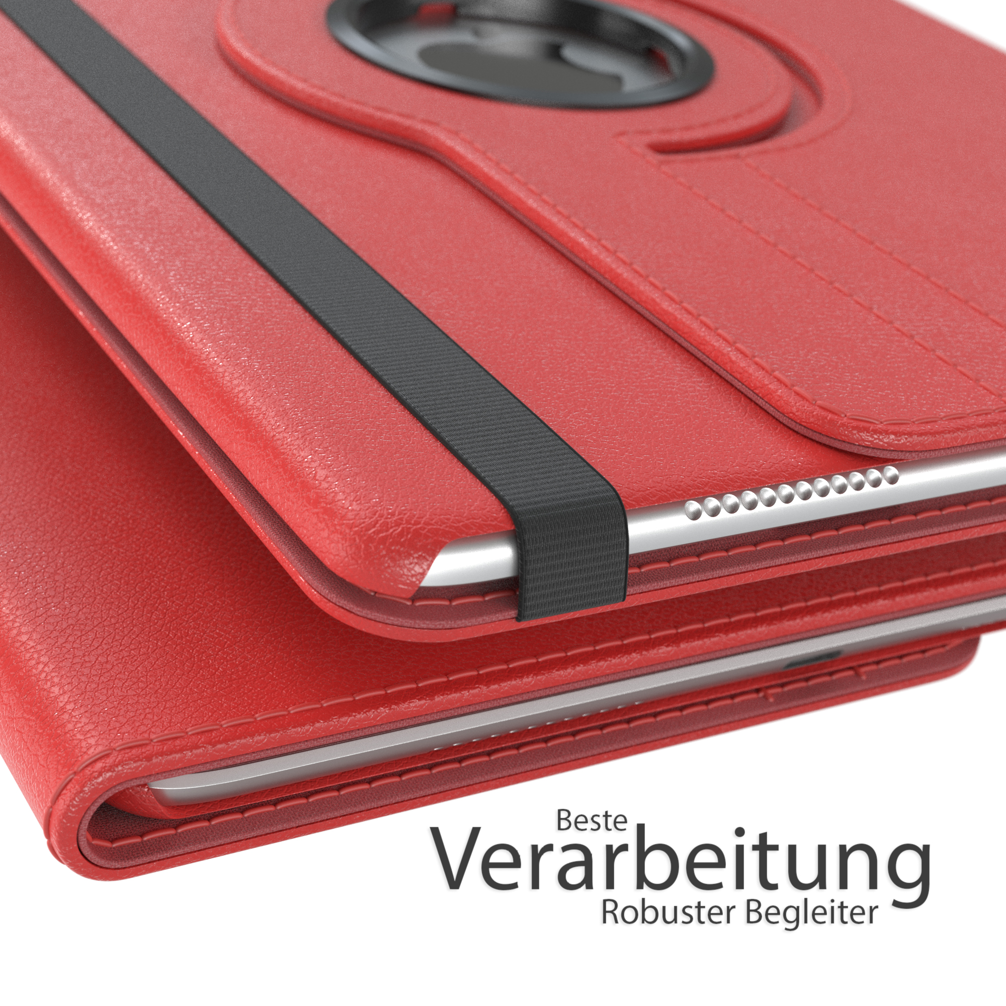 Rote Tablet-Hülle mit Tablet. Der Text lautet Beste Verarbeitung, robuster Begleiter.
