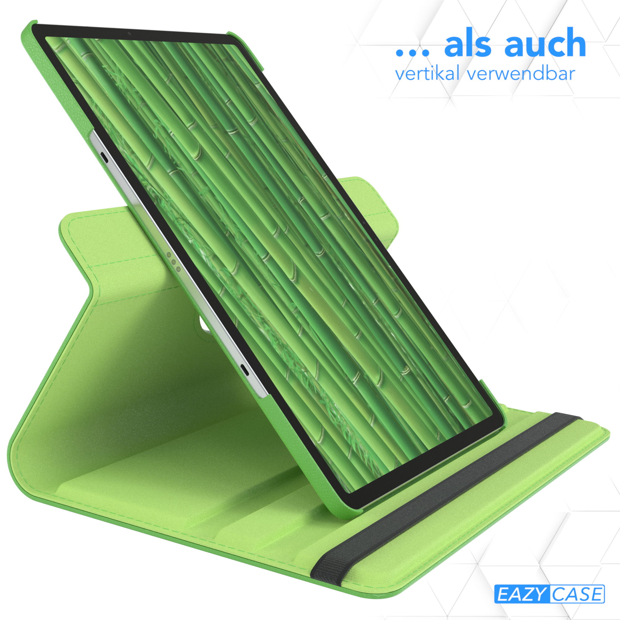 Tablet in grünem Gehäuse, auf einem Ständer. Bambus-Design ist auf dem Bildschirm, geneigt.