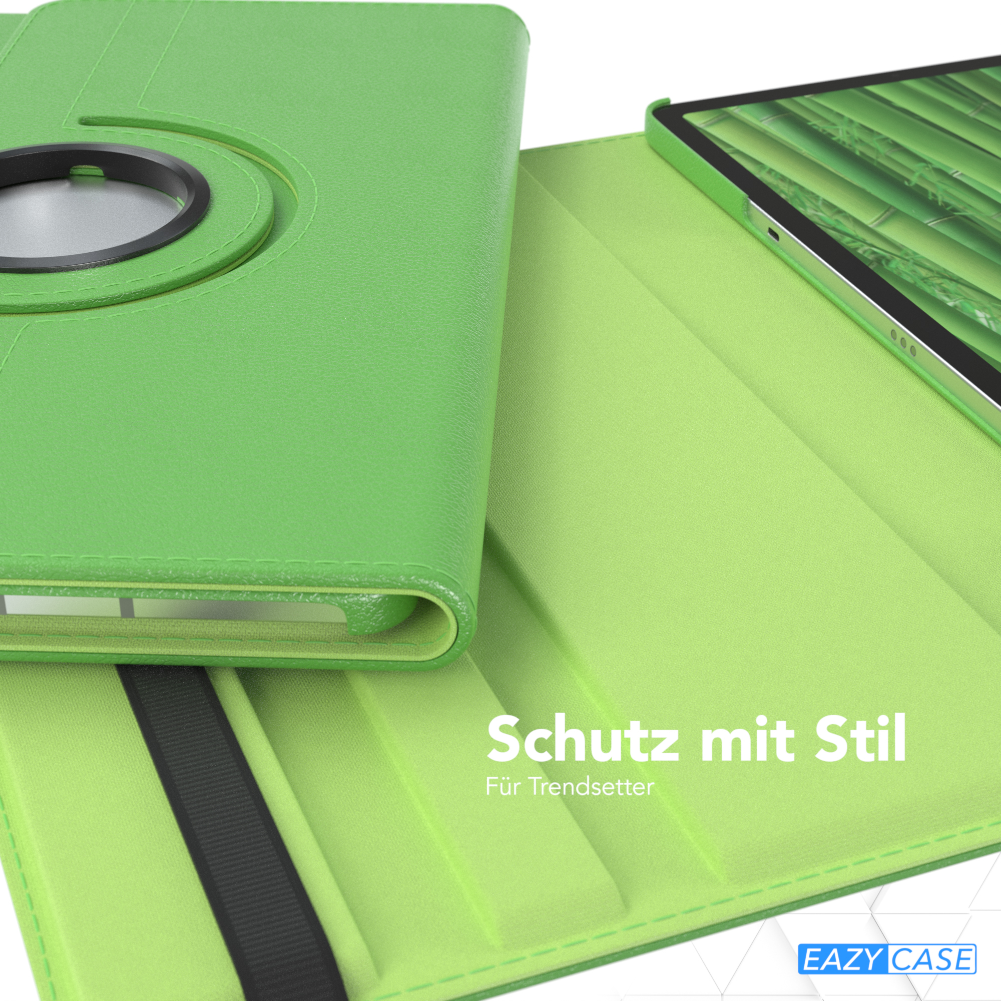 Grüne Tablet-Hülle offen, zeigt grünen Innenraum und schwarzen Riemen.