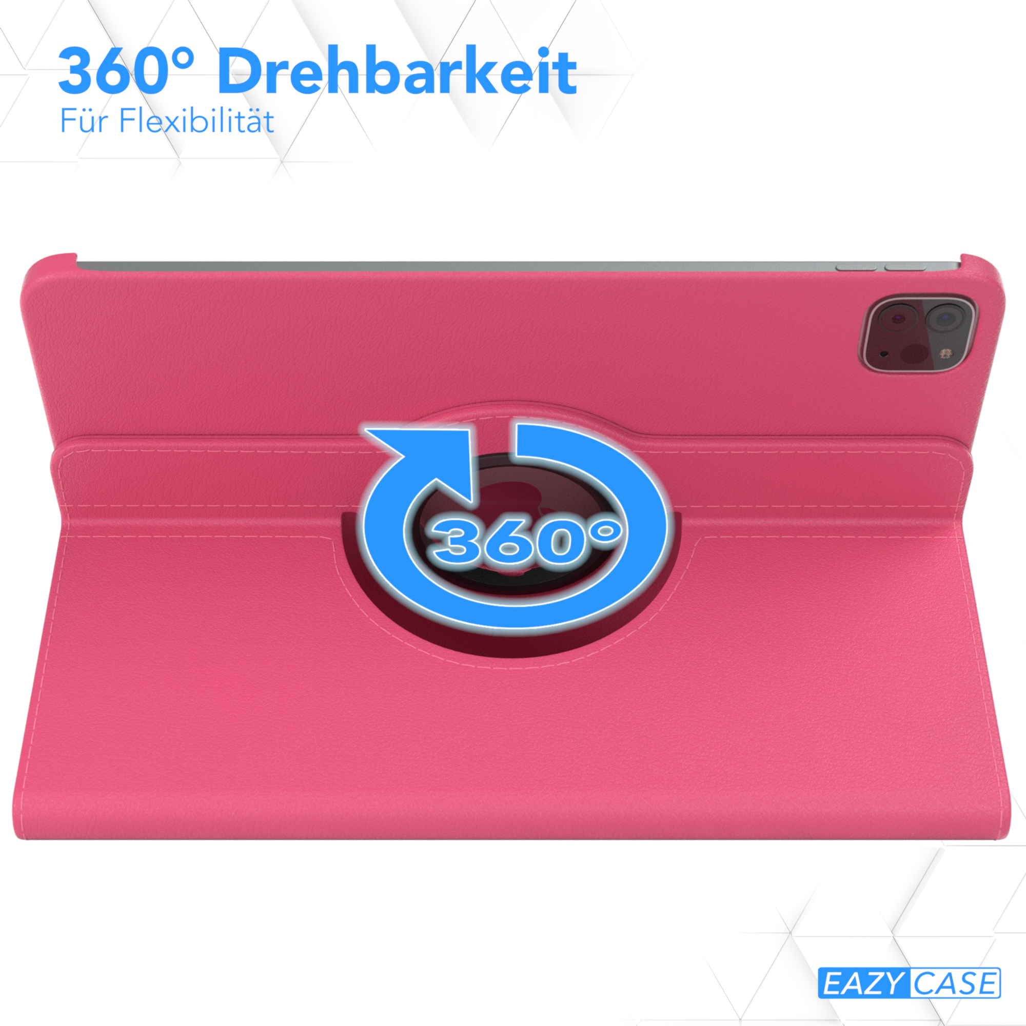 Rosa Tablethülle mit drehbarem Scharnier. 360°-Symbol auf der Hülle. Rosa Lederimitat.