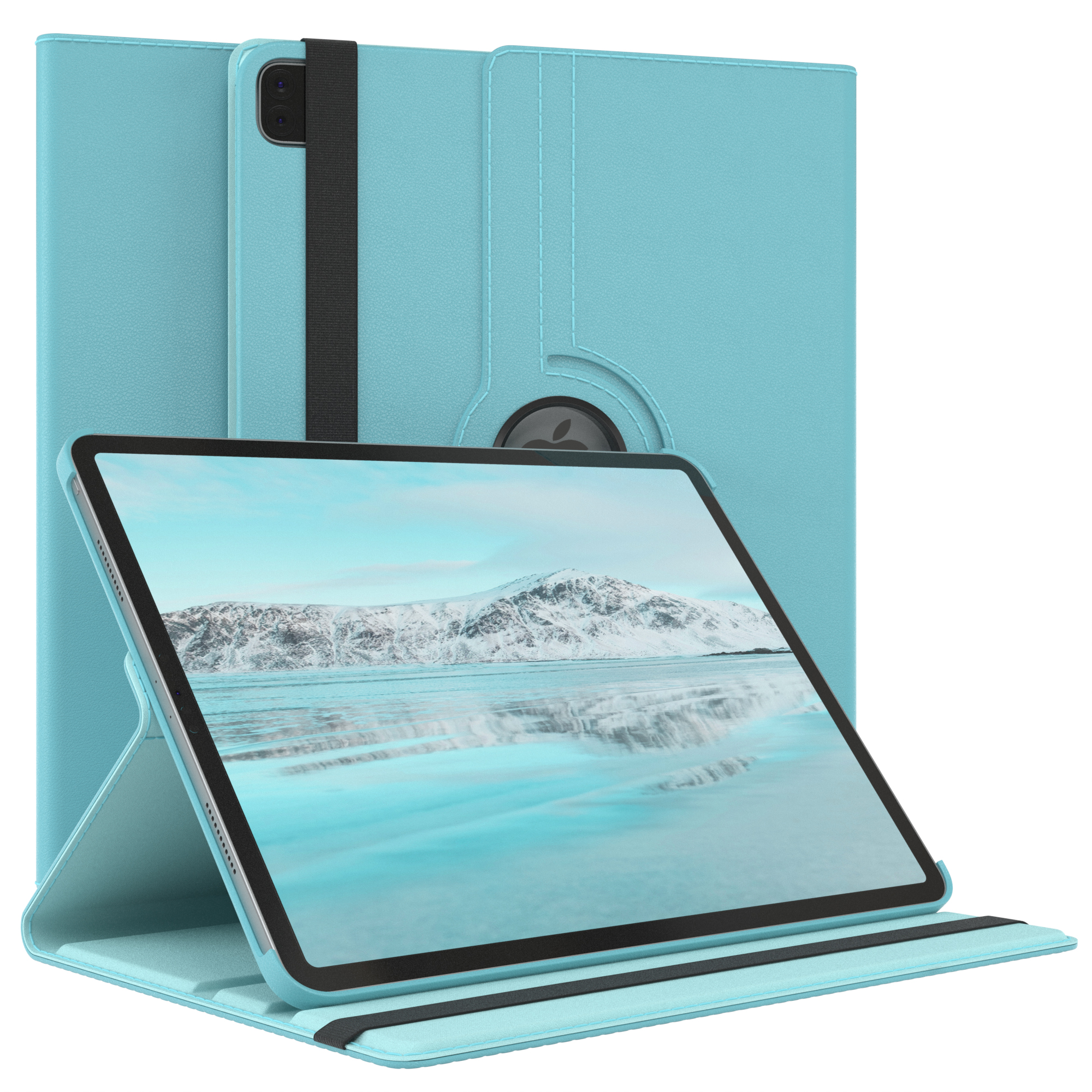Blaue Tablethülle mit Tablet darin. Der Tablettbildschirm zeigt eine schneebedeckte Berglandschaft.