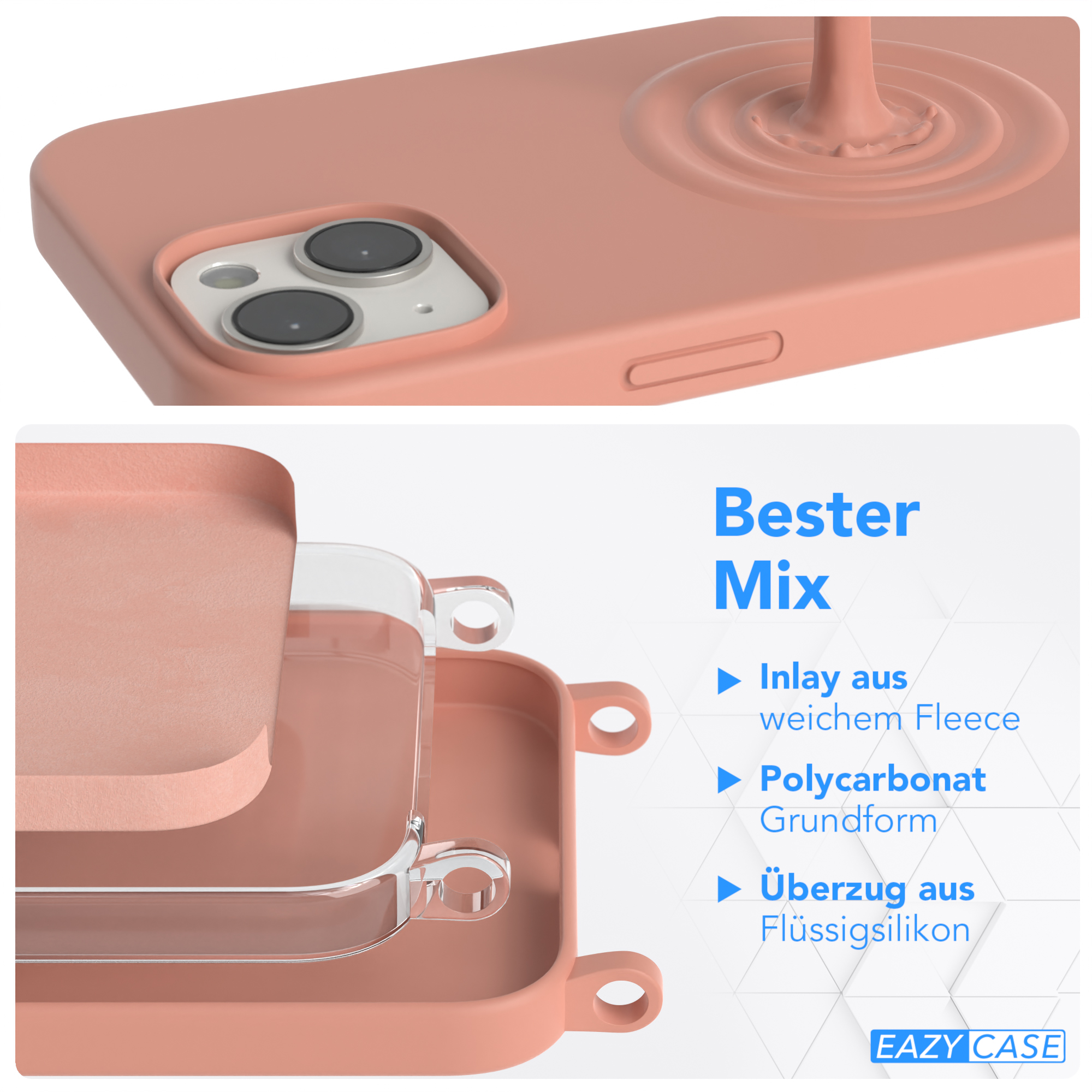 EAZY CASE Handy Hülle, mit Breit Coral iPhone Premium Karabiner Silikon / Altrosa Apple, 14, Umhängetasche, Kette