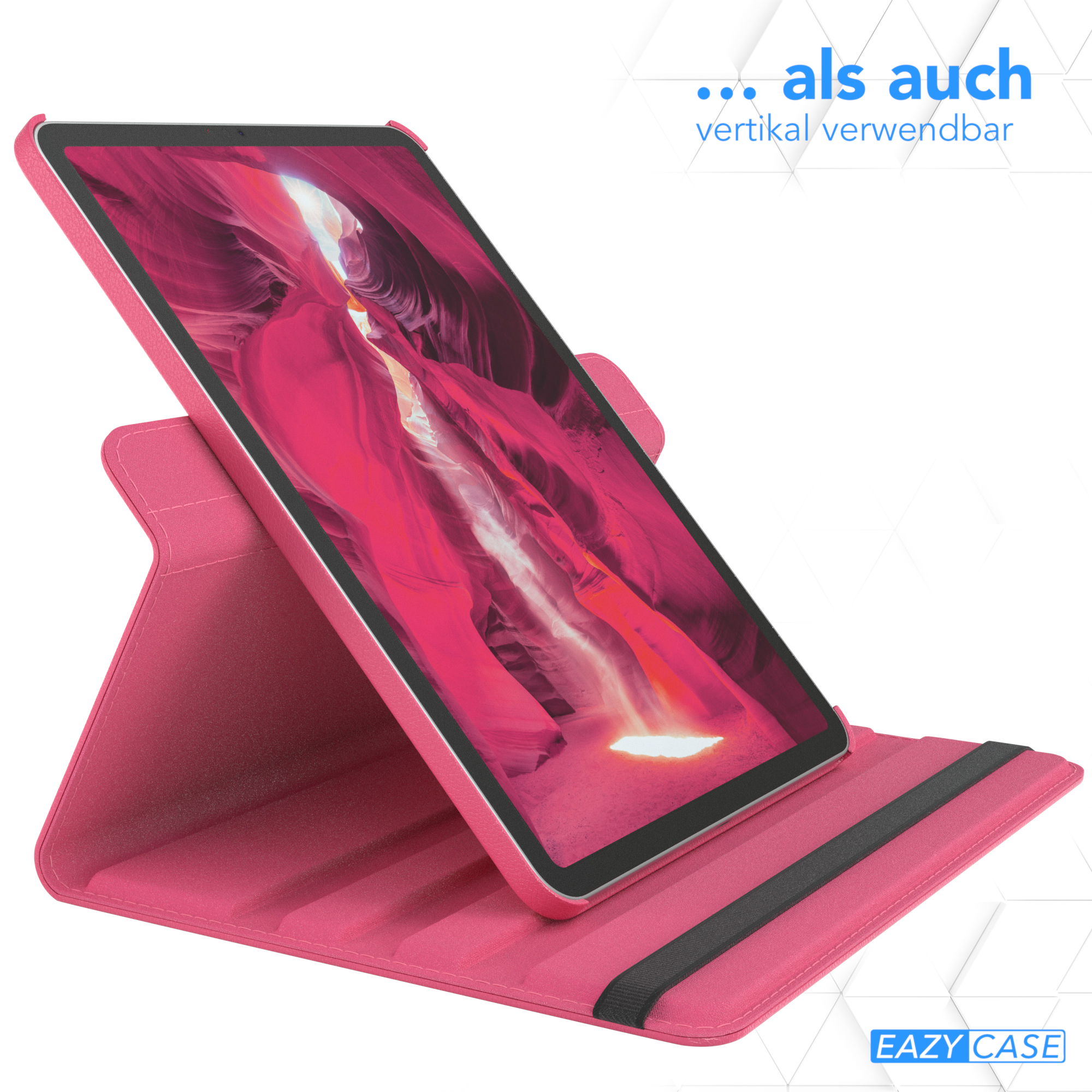 Tablet in pinker Hülle, aufgeklappt, mit Strandmotiv auf dem Bildschirm.