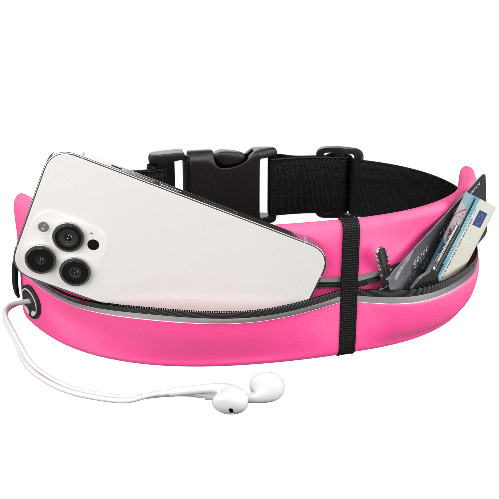 Pinke Bauchtasche mit Handy, Geld und Kopfhörern. Weißer Hintergrund.