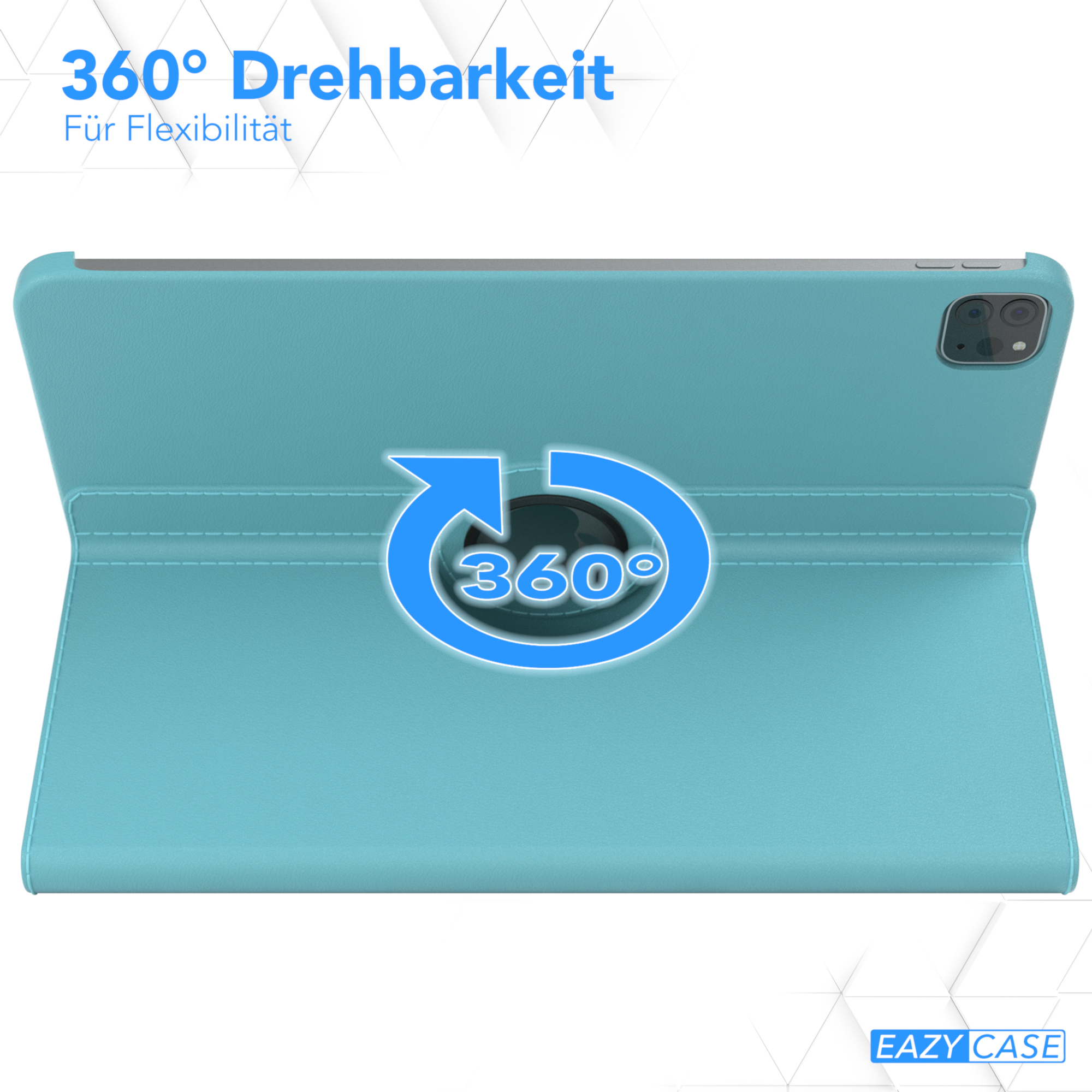 Türkisfarbene Tablethülle mit 360-Grad-Drehfunktion. Die Hülle ist geöffnet, der Bildschirm ist sichtbar.