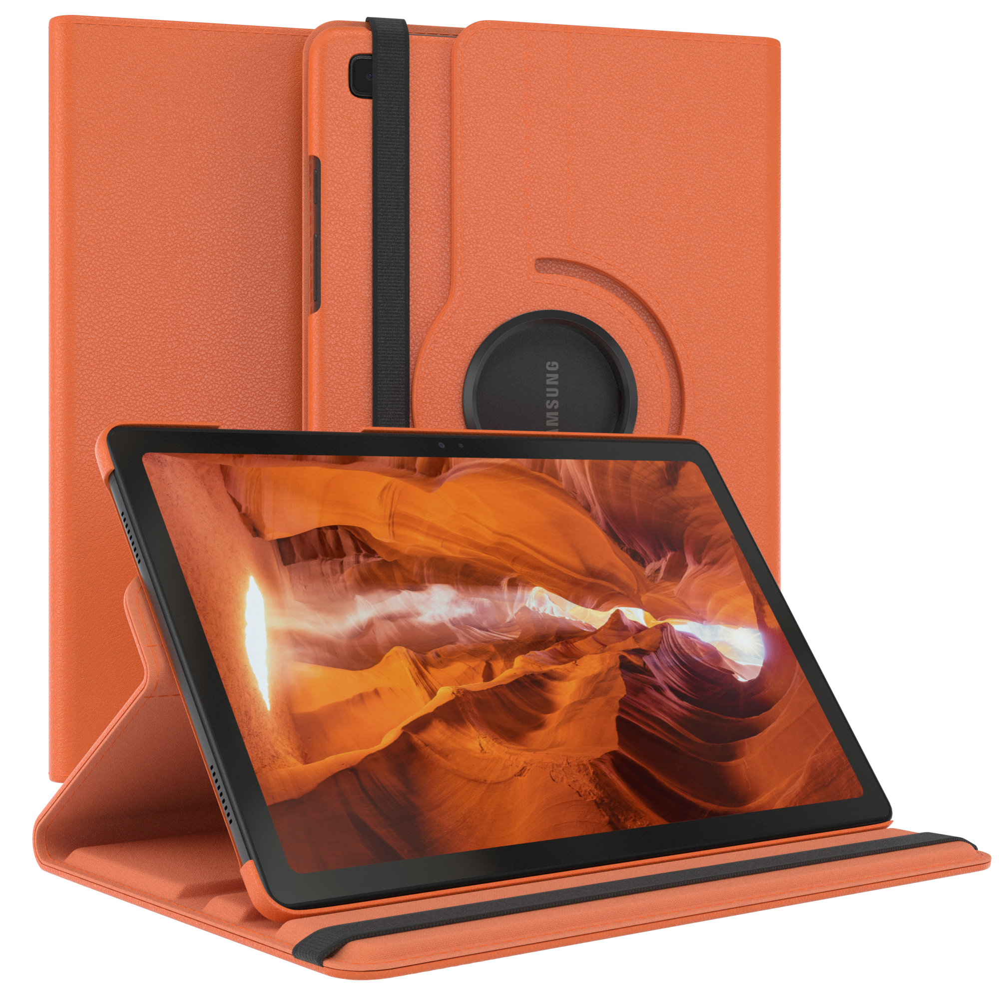 Orangefarbenes Tablet in einer orangefarbenen Hülle. Der Bildschirm zeigt eine orangefarbene Landschaftsansicht.