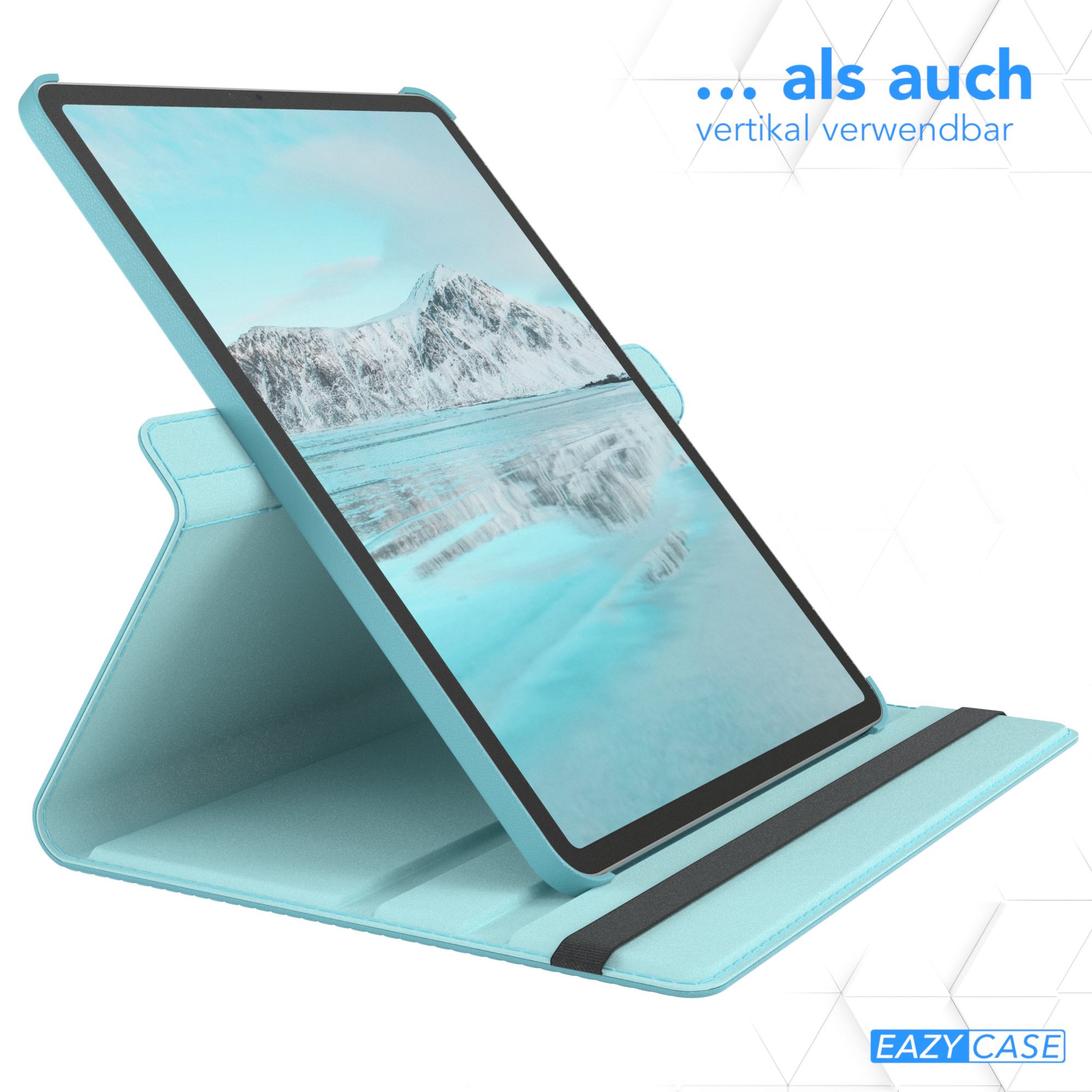 Ein blaues Tablet ist in einer hellblauen Hülle aufgestellt, vertikale Nutzung ist ebenfalls möglich.