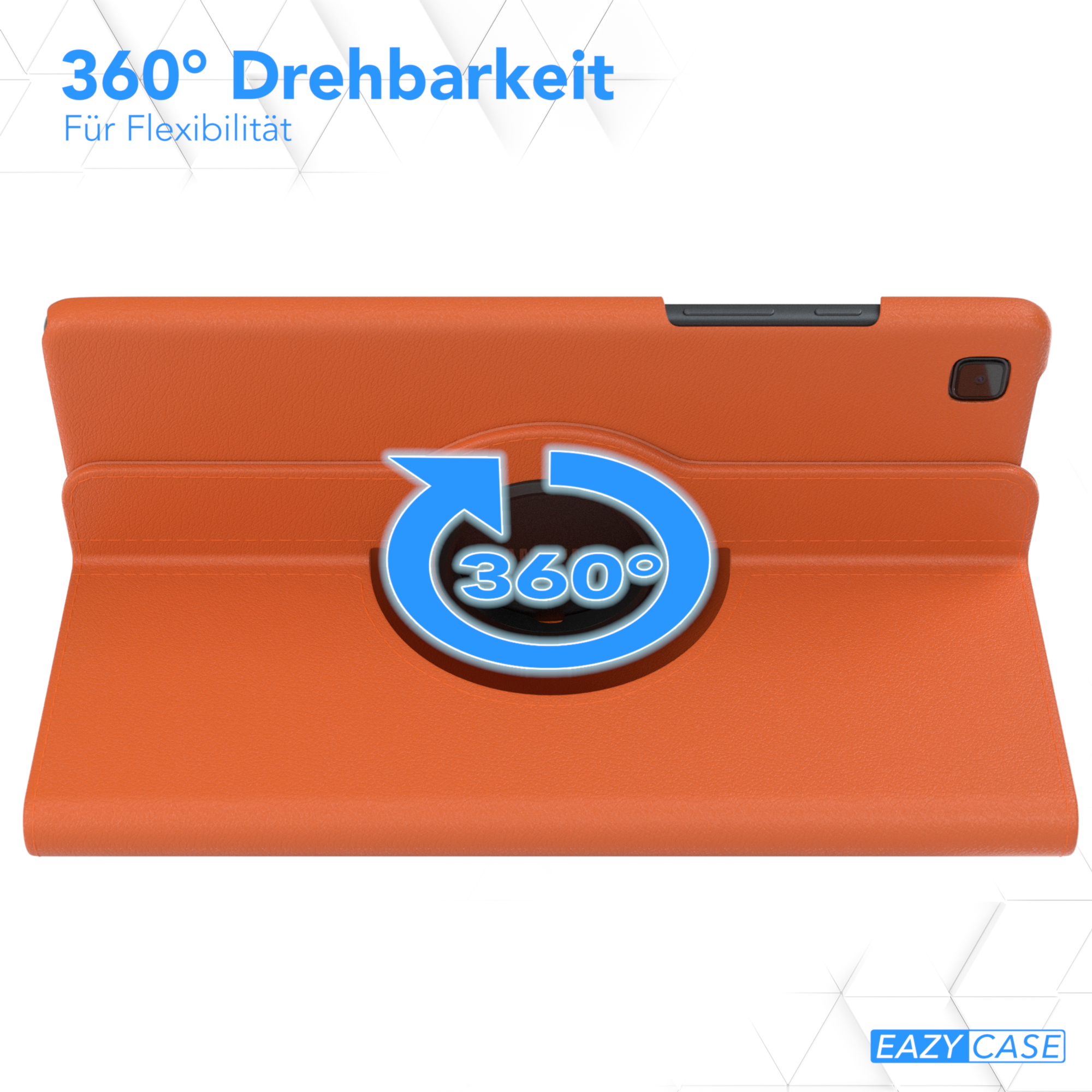 Eine orangefarbene Tablethülle mit rotierendem Design.
