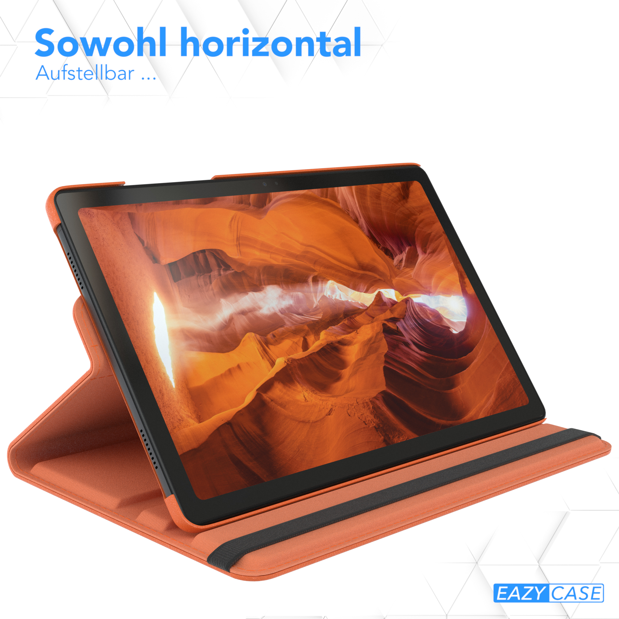 Tablet in einer orangefarbenen Hülle, zeigt eine Strandszene, horizontal aufgestellt.