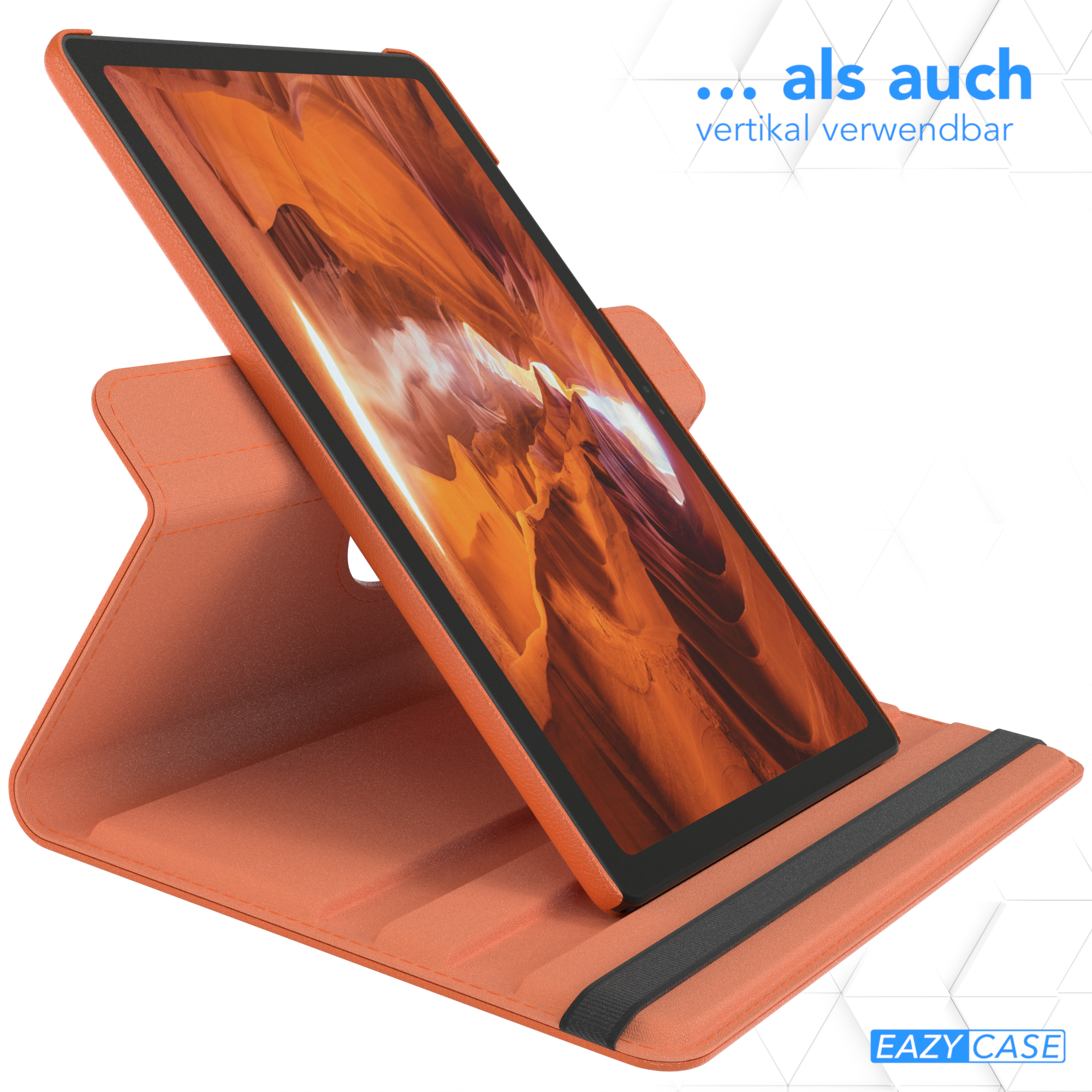 Tablet in orangefarbener Hülle. Text: '... als auch vertikal verwendbar' und 'EAZY CASE'.