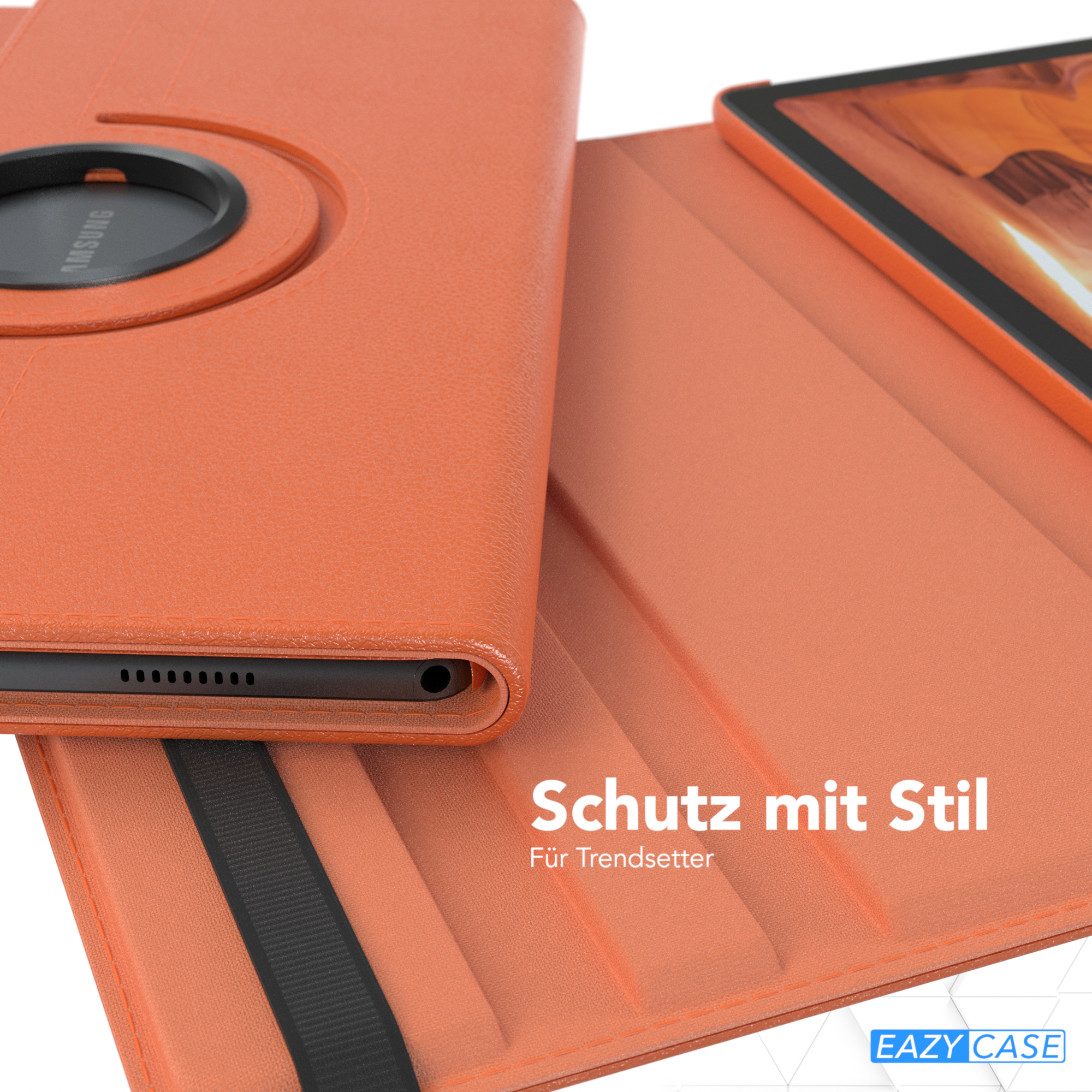 Orange Tablet-Hülle mit schwarzem Riemen. Geöffnete Hülle, Tablet sichtbar. Text: 'EAZY CASE'.