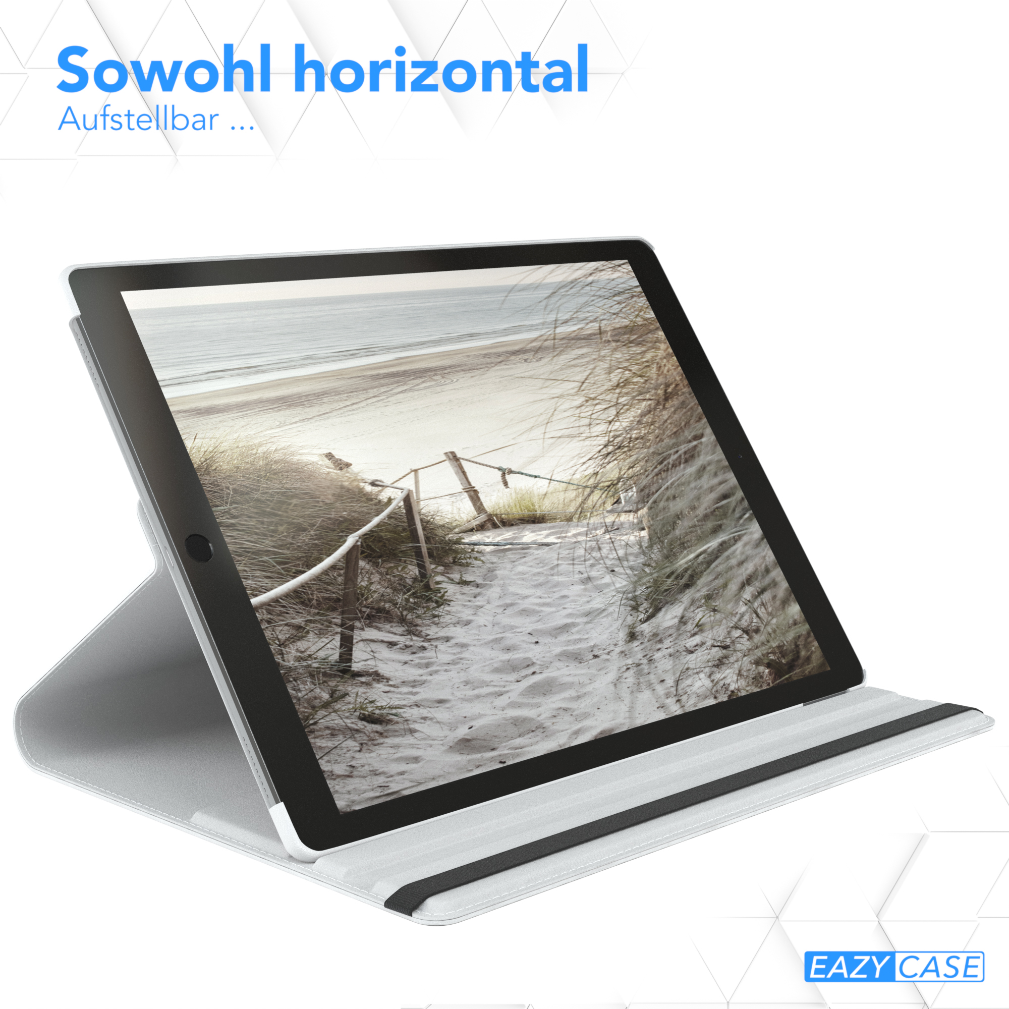 Tablet in weißer Hülle, der Bildschirm zeigt eine Strandszene.