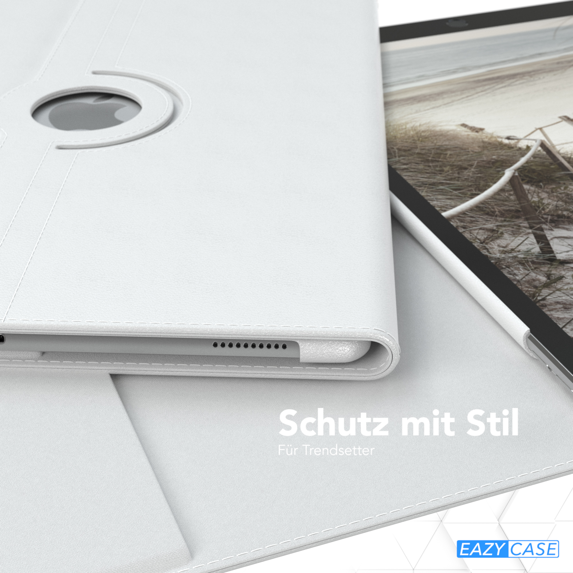 Weiße Tablet-Hülle. Tablet in der Hülle, weißer Hintergrund, mit dem EAZY CASE Logo.
