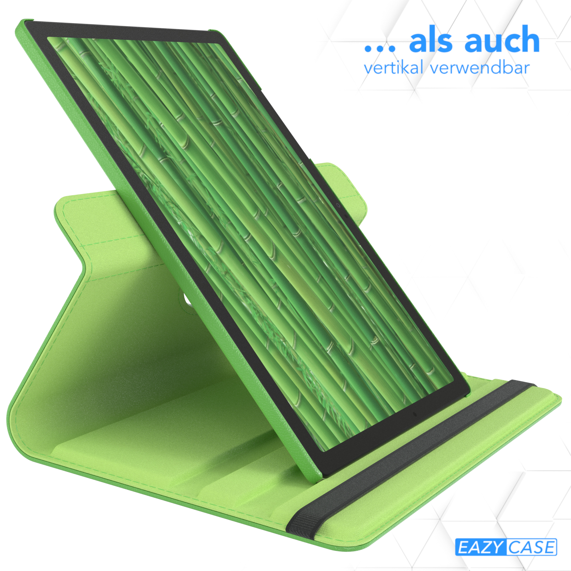 Tablet in grünem Ständer, zeigt Bambushintergrund. Grüne Hülle mit schwarzem Band unten.