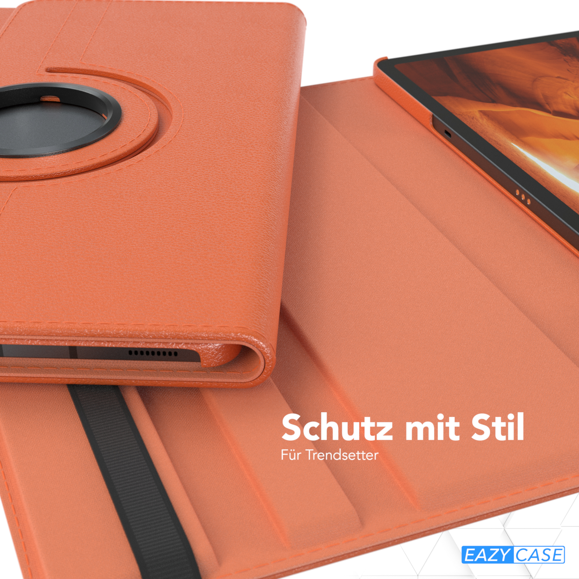 Orange Tablet-Hülle, offen. Die Innenseite ist orange. Das Tablet ist nicht sichtbar. Schwarzes Gummiband.