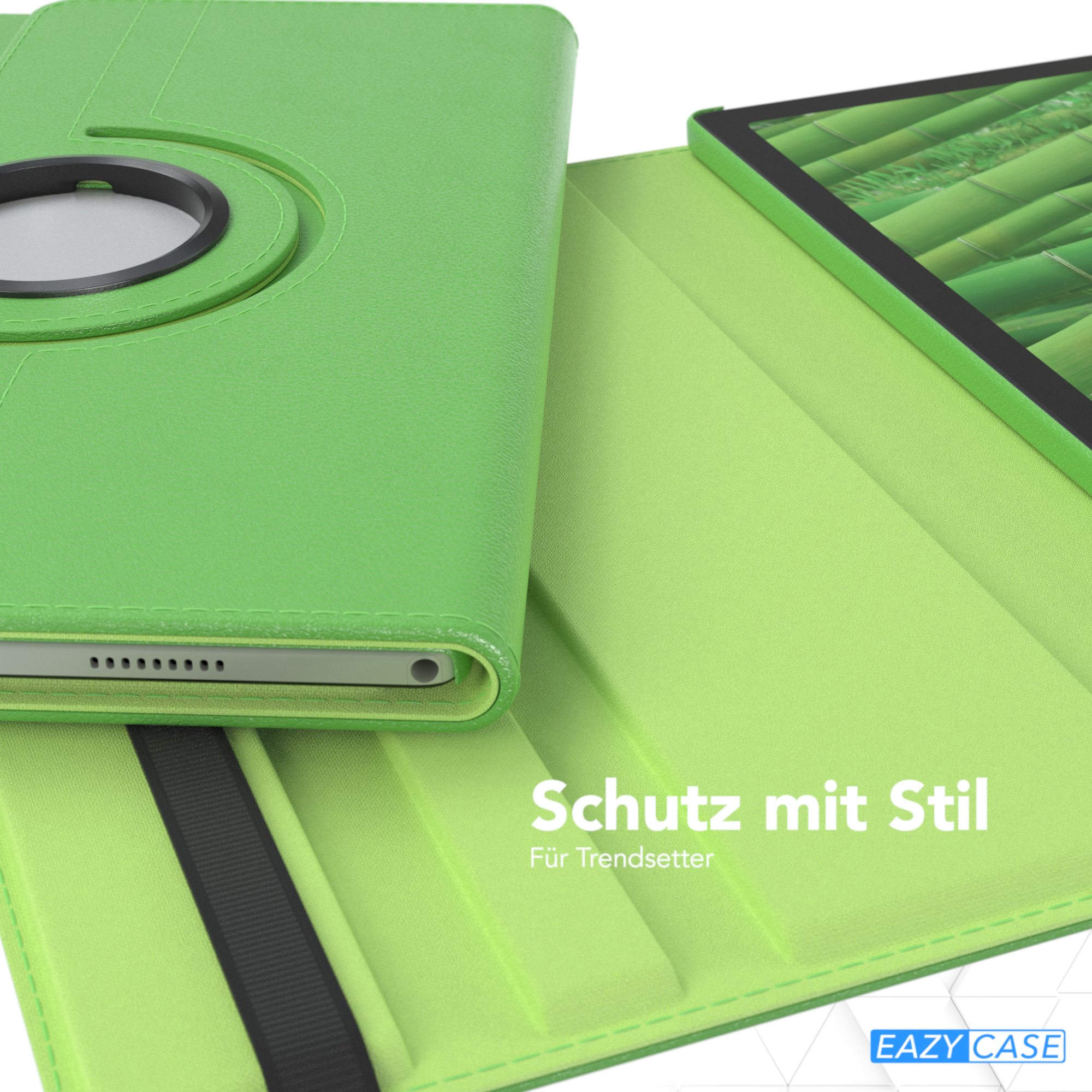 Grüne Tablethülle geöffnet, zeigt einen grünen Innenraum und ein Tablet. Text auf der Hülle.