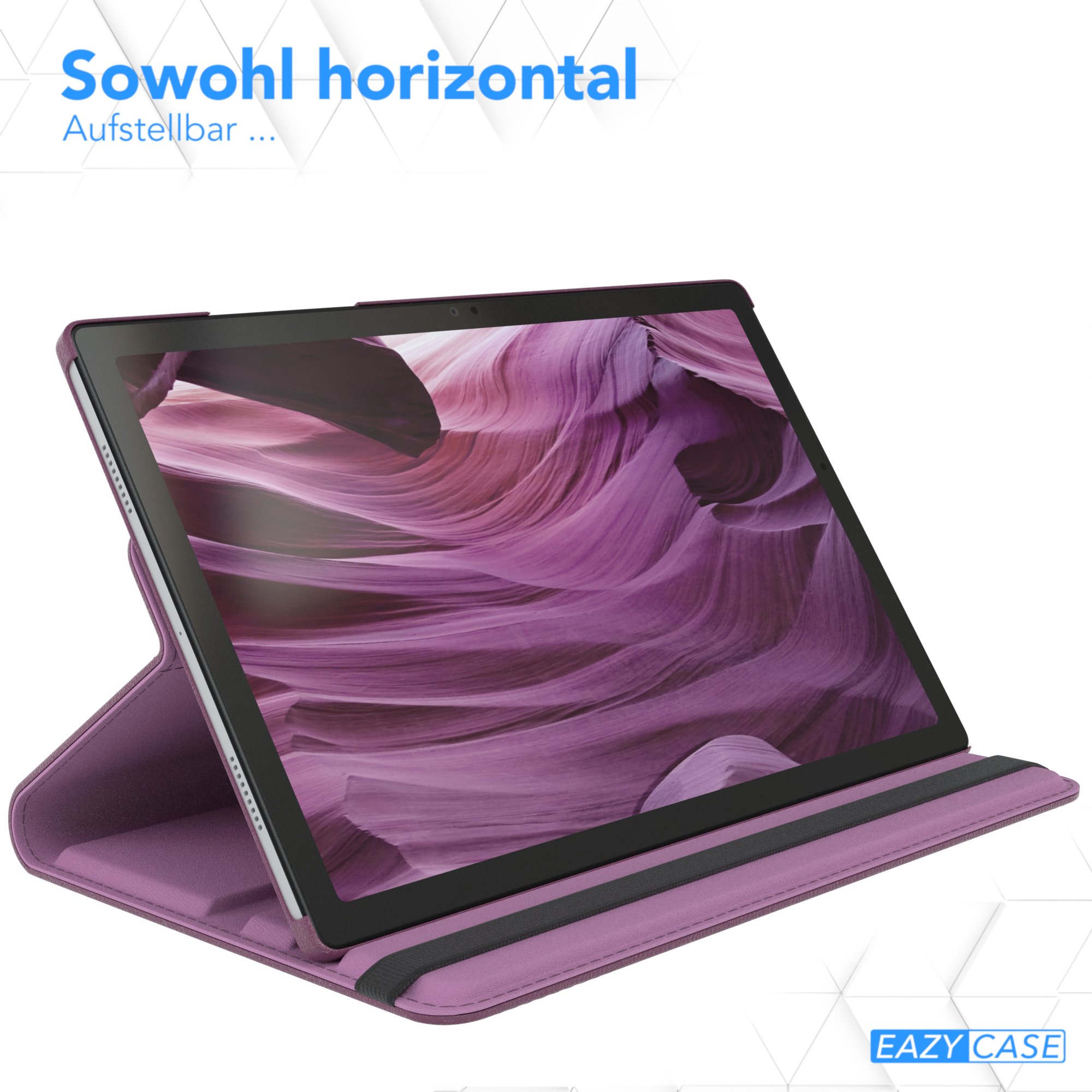 Lila Tablethülle mit Tablet, das einen lila Hintergrund zeigt. Horizontale Position.