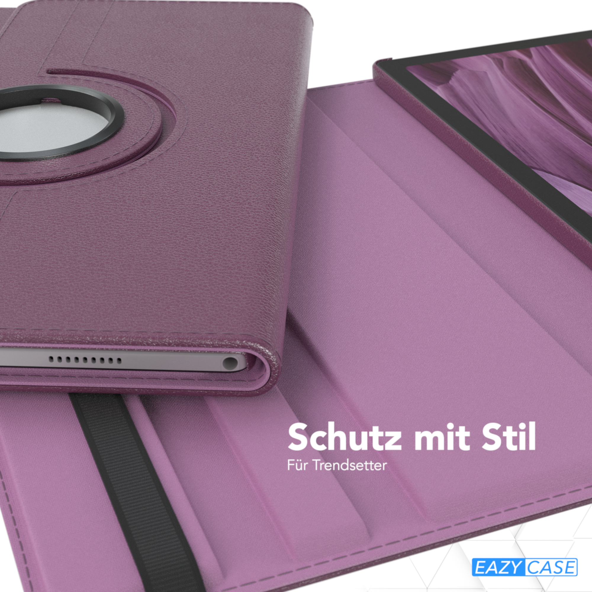 Eine lila Tablethülle, geöffnet, um ein Tablet zu zeigen. Text: 'Schutz mit Stil' und 'EAZY CASE'.