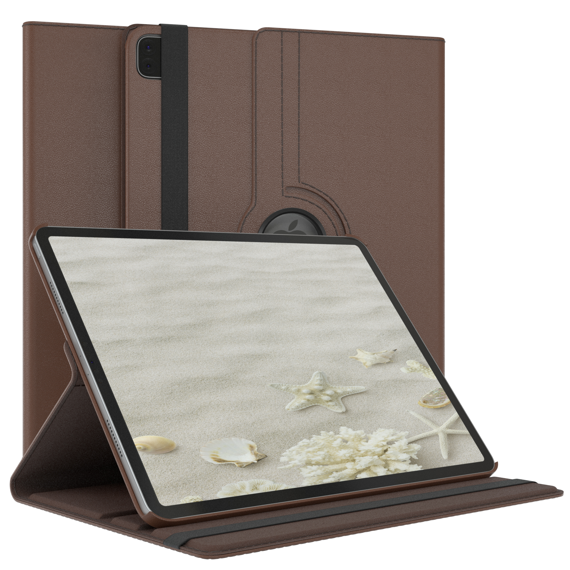Braune Tablet-Hülle. Der Tablet-Bildschirm zeigt eine Strandszene mit Seesternen, Muscheln und Sand.