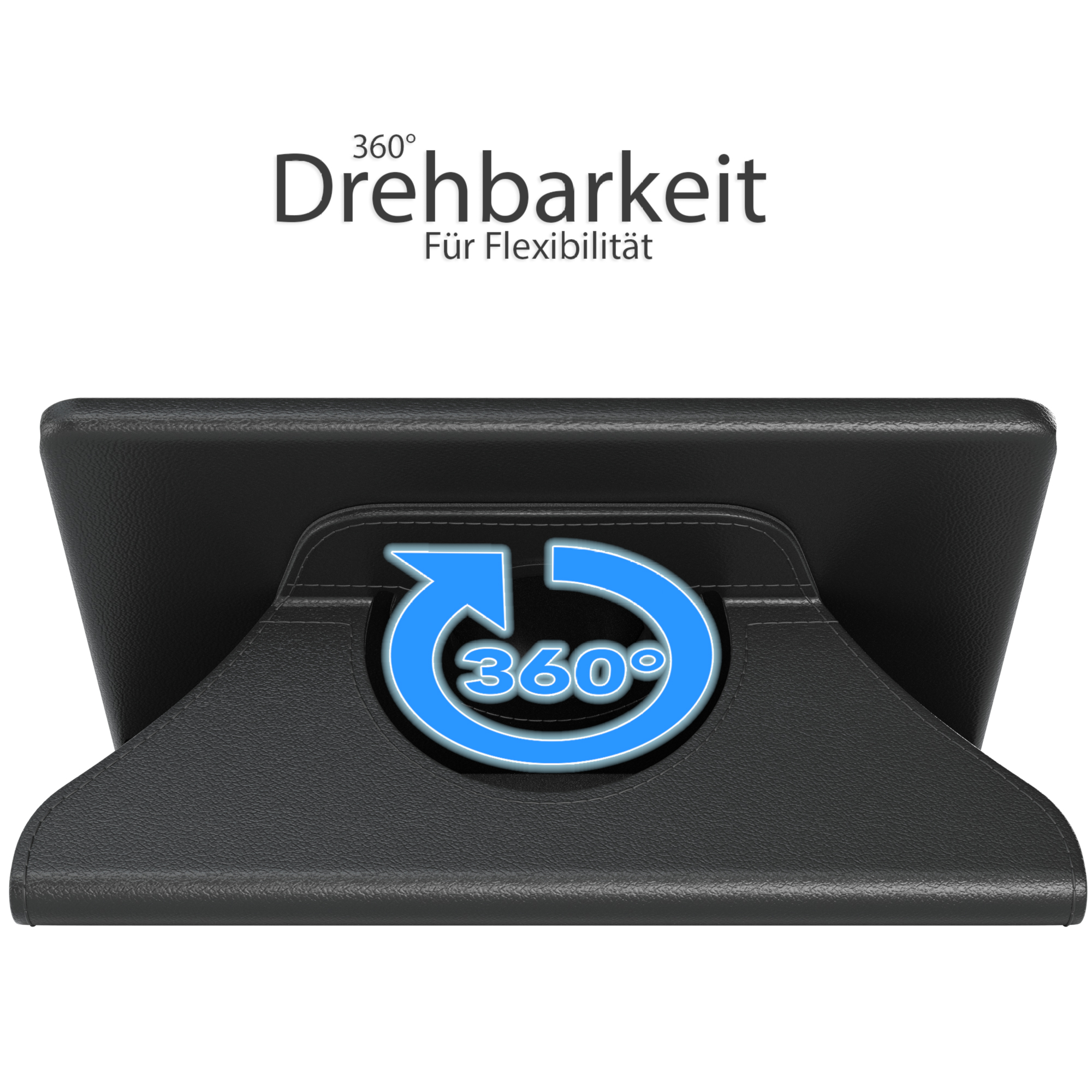 Ein Tablet-Ständer mit 360°-Drehfunktion, der ein blaues Pfeilsymbol mit dem Text '360° Drehbarkeit' zeigt.