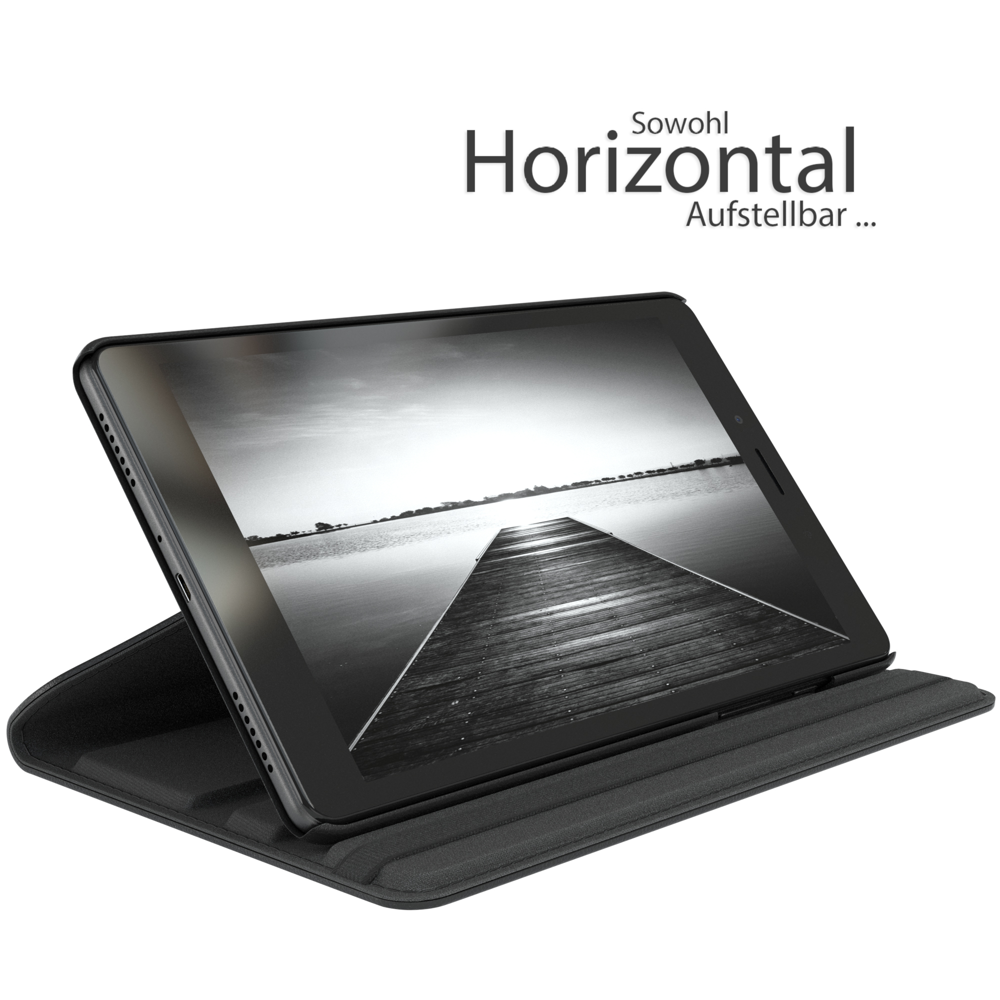 Tablet mit schwarzer Hülle, zeigt einen Steg über Wasser, in Schwarzweiß.