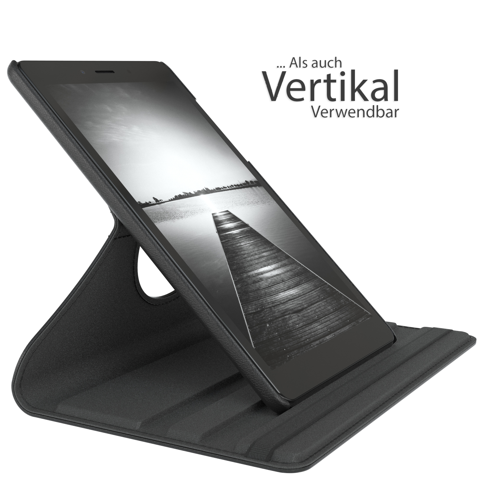 Tablet in schwarzer Hülle, zeigt eine Graustufen-Pier-Szene.