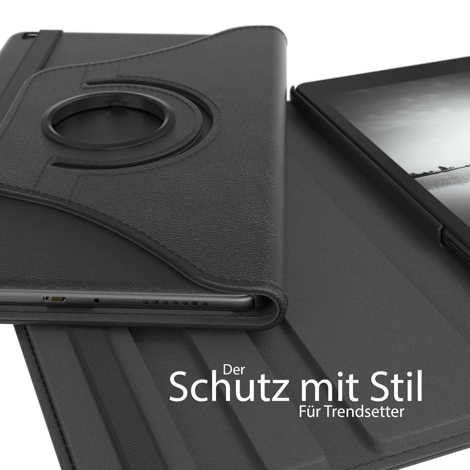 Schwarze Tablet-Hülle, teilweise geöffnet, zeigt ein Tablet. Text: 'Der Schutz mit Stil'.