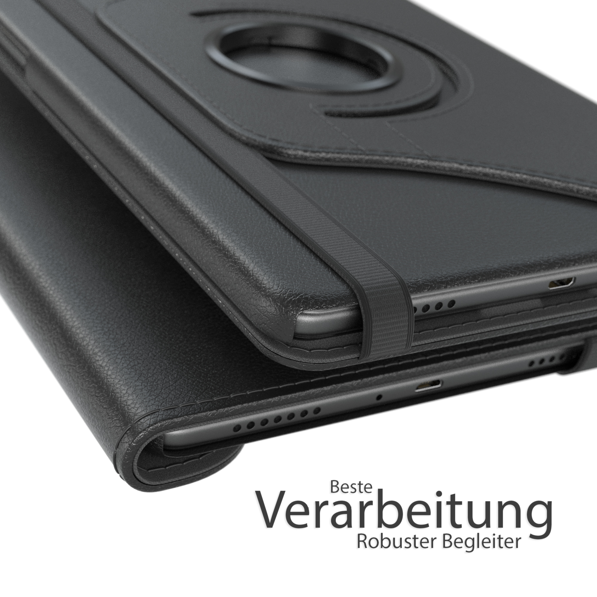Schwarze Tablet-Hülle. Sie ist geöffnet und zeigt das Innere. Text 'Beste Verarbeitung - Robuster Begleiter'.