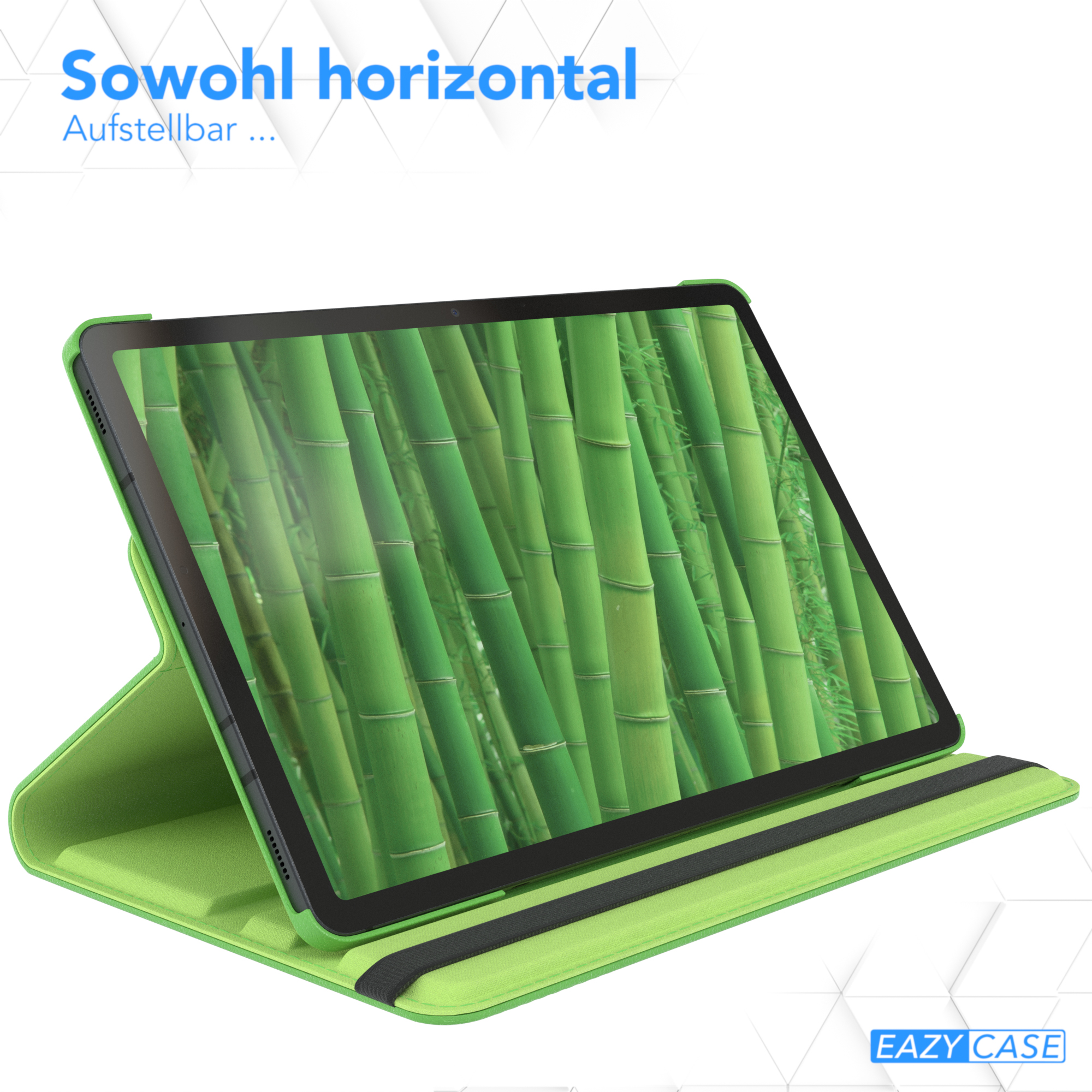 Grünes Tablet in grüner Hülle, grüne Bambusstämme zeigend. Text 'Sowohl horizontal' oben.