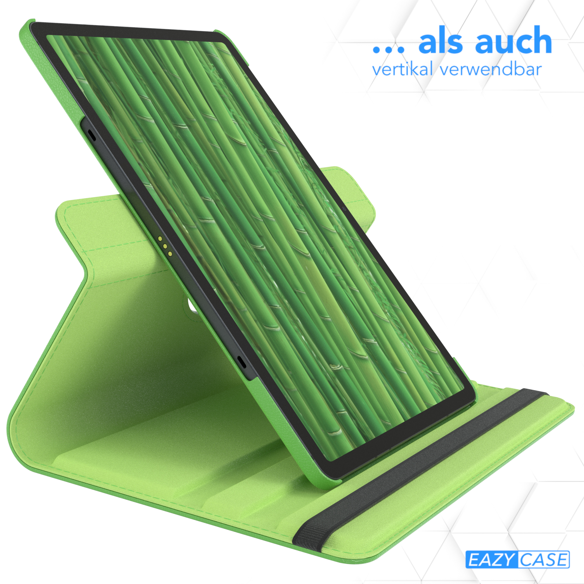 Tablet in grünem Gehäuse, auf einem Ständer. Bambus-Design ist auf dem Bildschirm, geneigt.