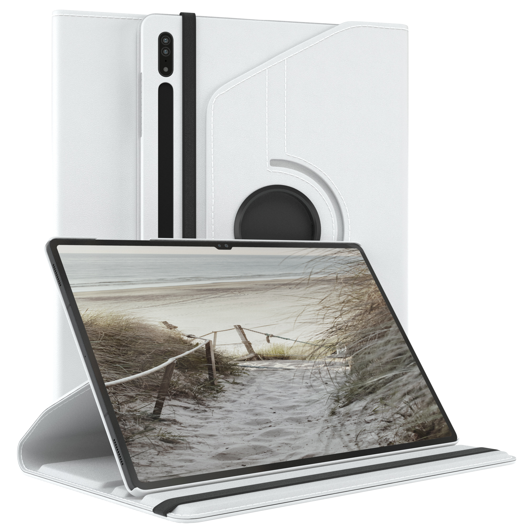 Weißes Tablet in weißem Gehäuse mit Strandbild auf dem Bildschirm.