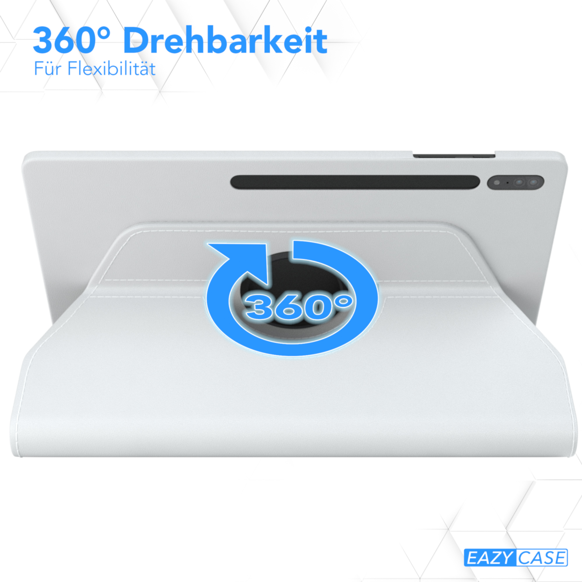 Weiße Tablethülle mit Drehfunktion, blauer Pfeil.