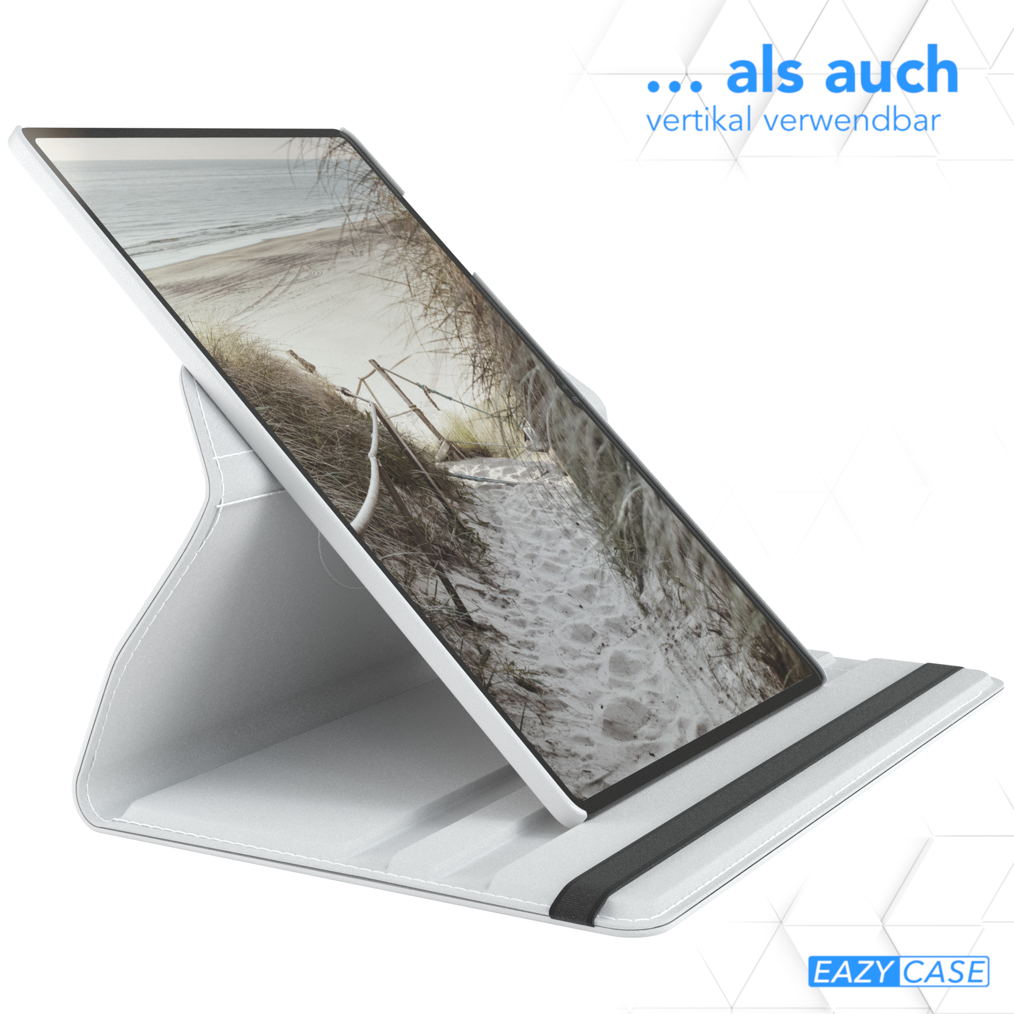 Tablet mit Ständer. Weißes Tablet auf einem Ständer, mit einer Strandszene auf dem Bildschirm und einer weiß-grauen Hülle.