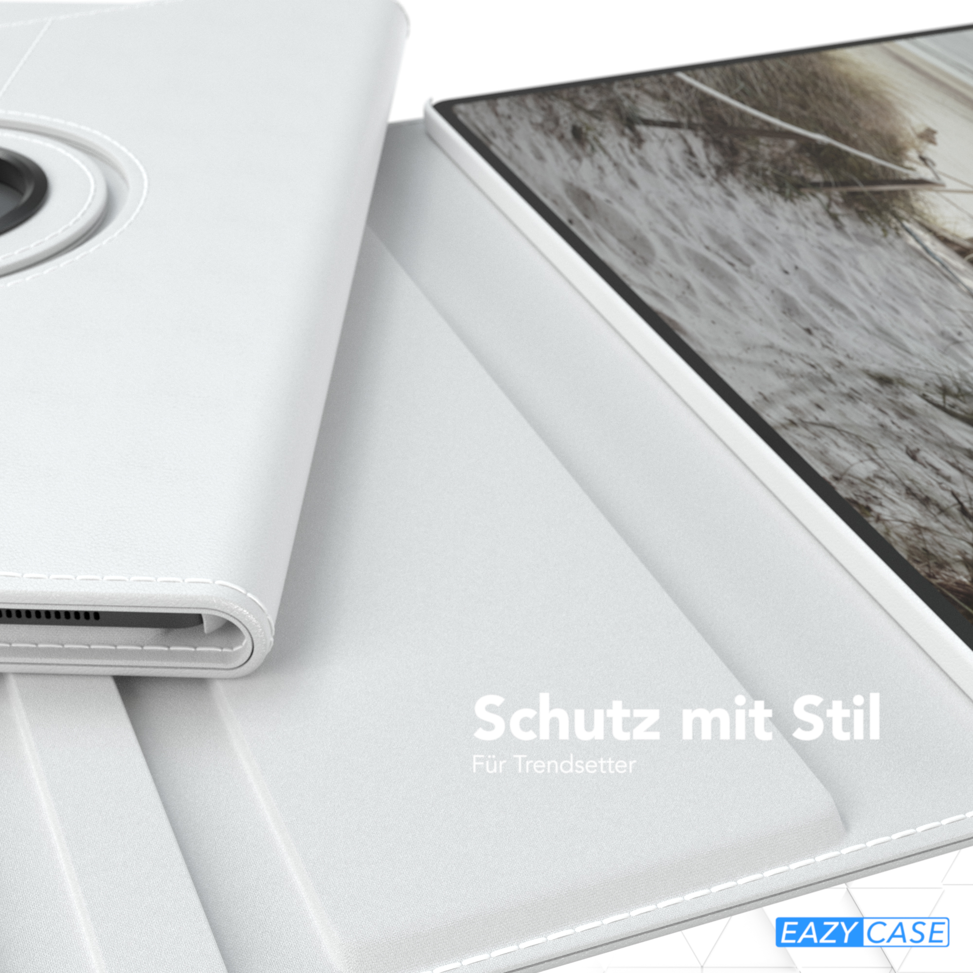 Weiße Tablethülle, offen. Weißer Innenraum und Branding-Text. Weißer Hintergrund.